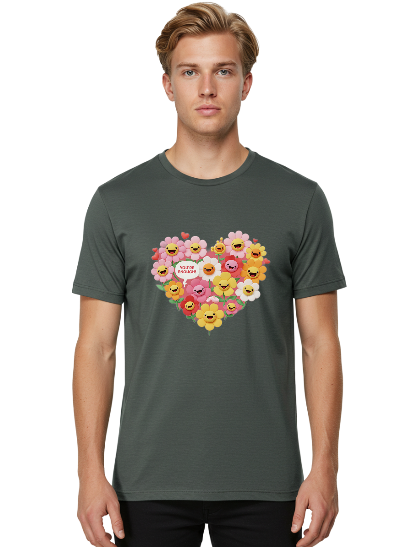 You-Re-Enough Men'S Graphic Tee, 100% Cotton, Comfortable Casual Summer Wear, Machine Washable, Heart-Shaped Arrangement Of Flowers, Smiling Emojis, Positive Affirmation, You'Re Enough, Cute Design, Floral Pattern, Uplifting Message, Bae333