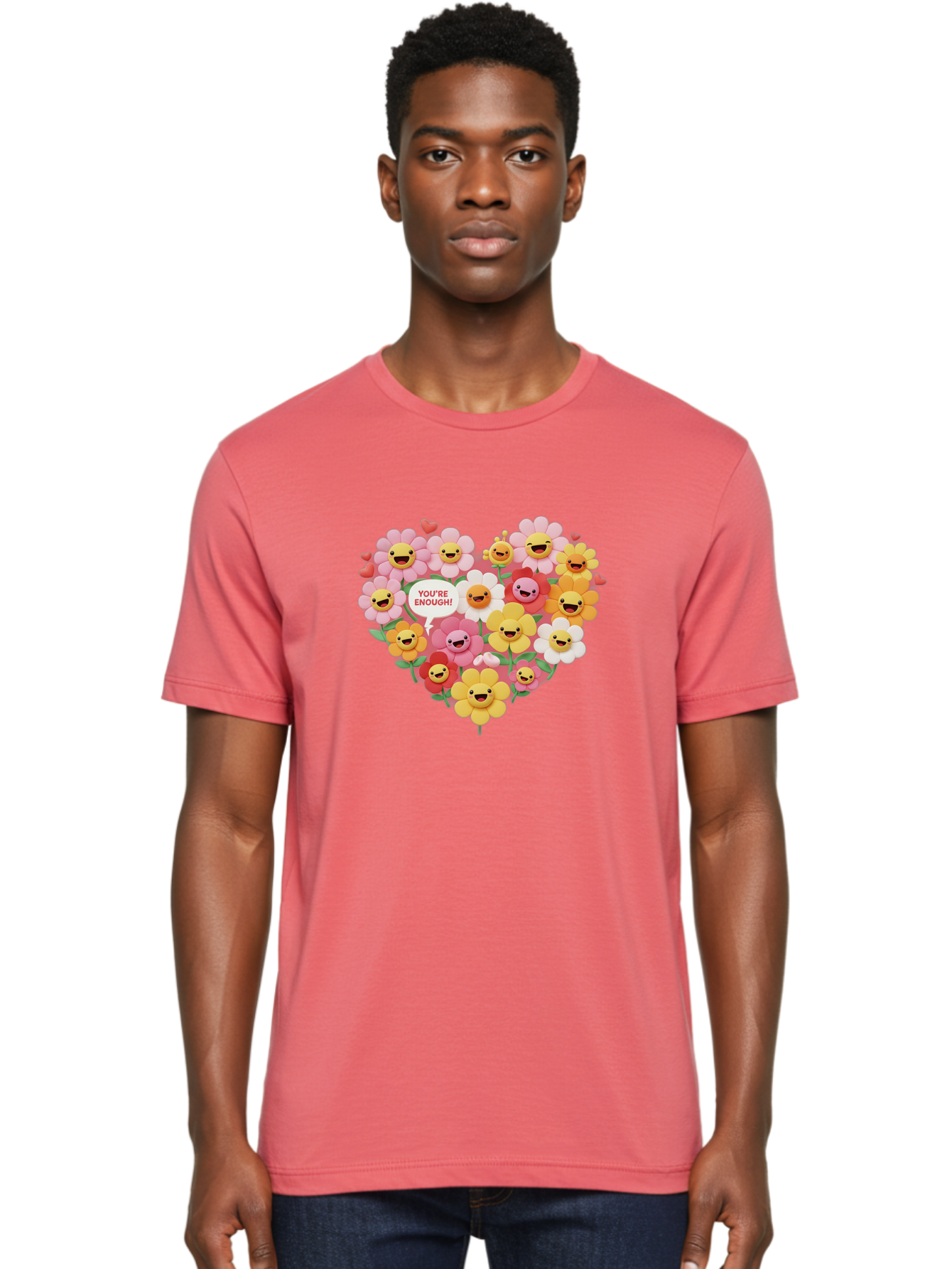 You-Re-Enough Men'S Graphic Tee, 100% Cotton, Comfortable Casual Summer Wear, Machine Washable, Heart-Shaped Arrangement Of Flowers, Smiling Emojis, Positive Affirmation, You'Re Enough, Cute Design, Floral Pattern, Uplifting Message, Bae333