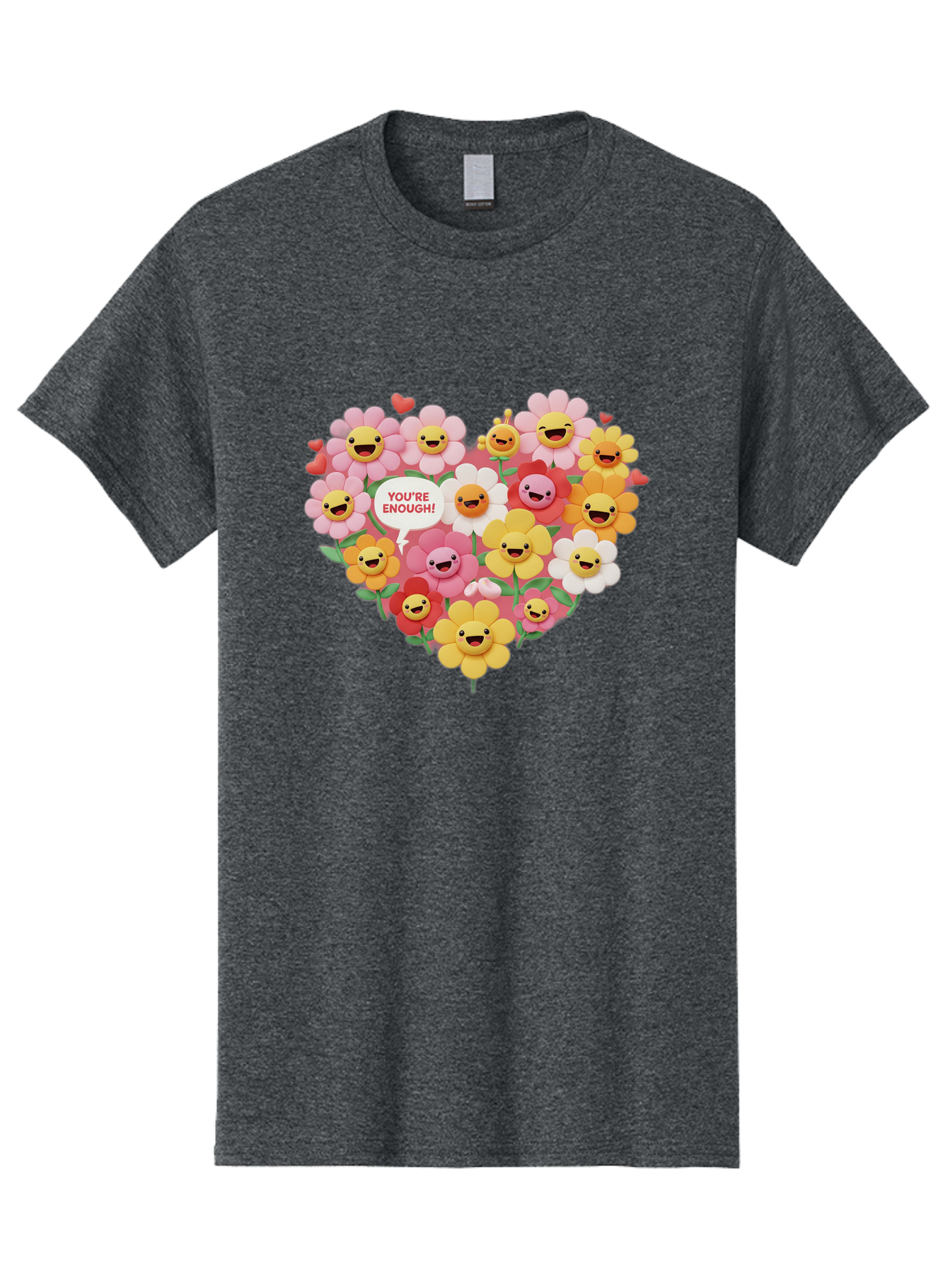 You-Re-Enough Men'S Graphic Tee, 100% Cotton, Comfortable Casual Summer Wear, Machine Washable, Heart-Shaped Arrangement Of Flowers, Smiling Emojis, Positive Affirmation, You'Re Enough, Cute Design, Floral Pattern, Uplifting Message, Bae333