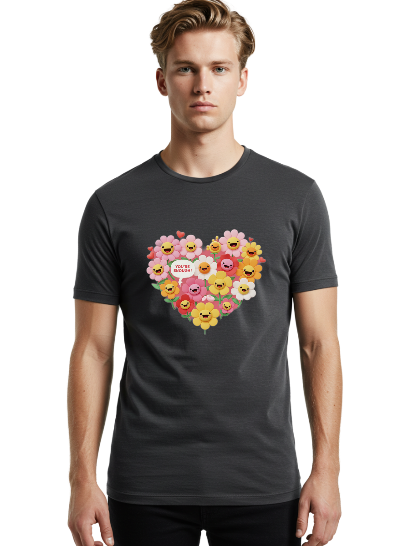 You-Re-Enough Men'S Graphic Tee, 100% Cotton, Comfortable Casual Summer Wear, Machine Washable, Heart-Shaped Arrangement Of Flowers, Smiling Emojis, Positive Affirmation, You'Re Enough, Cute Design, Floral Pattern, Uplifting Message, Bae333