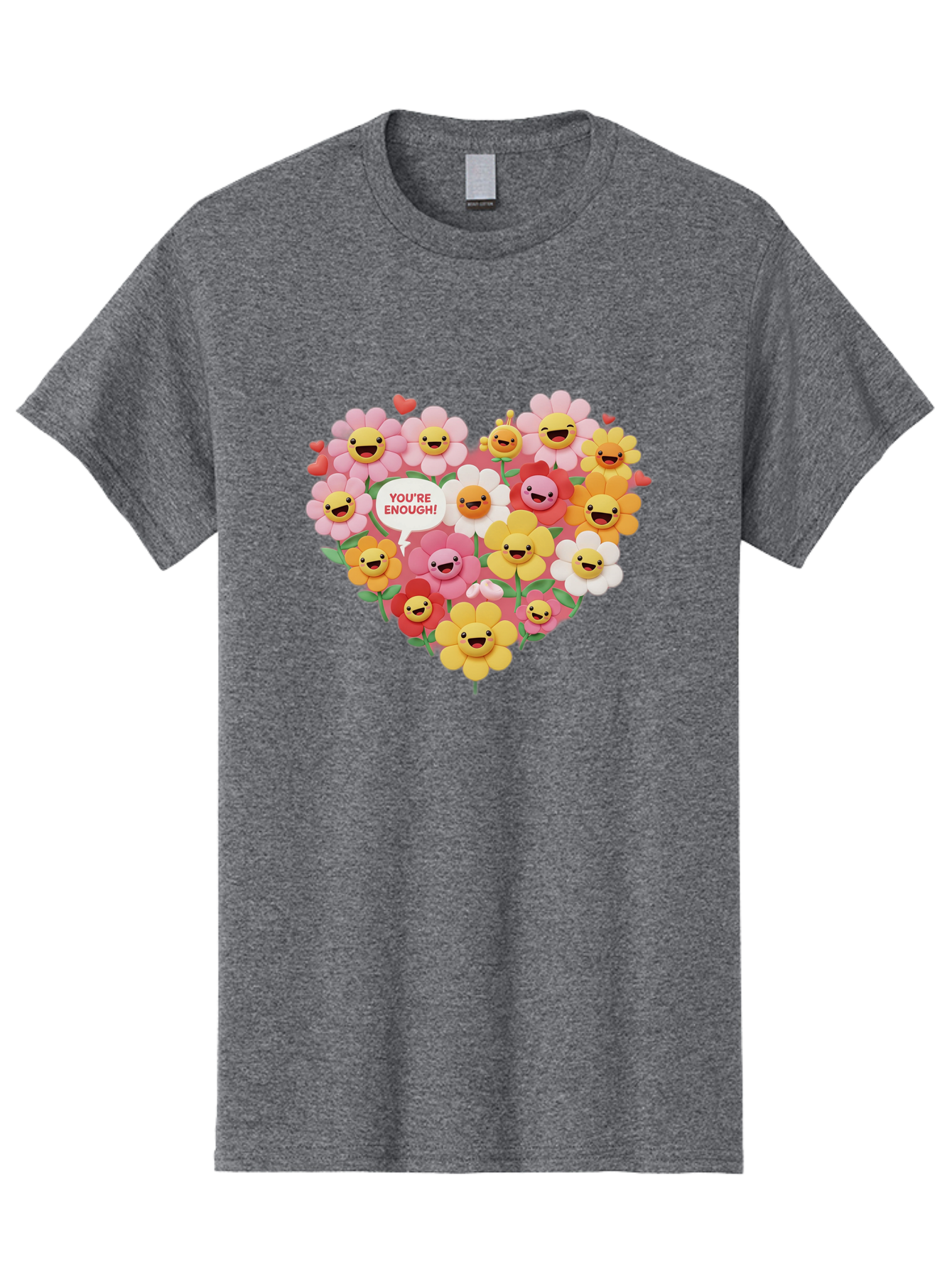 You-Re-Enough Men'S Graphic Tee, 100% Cotton, Comfortable Casual Summer Wear, Machine Washable, Heart-Shaped Arrangement Of Flowers, Smiling Emojis, Positive Affirmation, You'Re Enough, Cute Design, Floral Pattern, Uplifting Message, Bae333