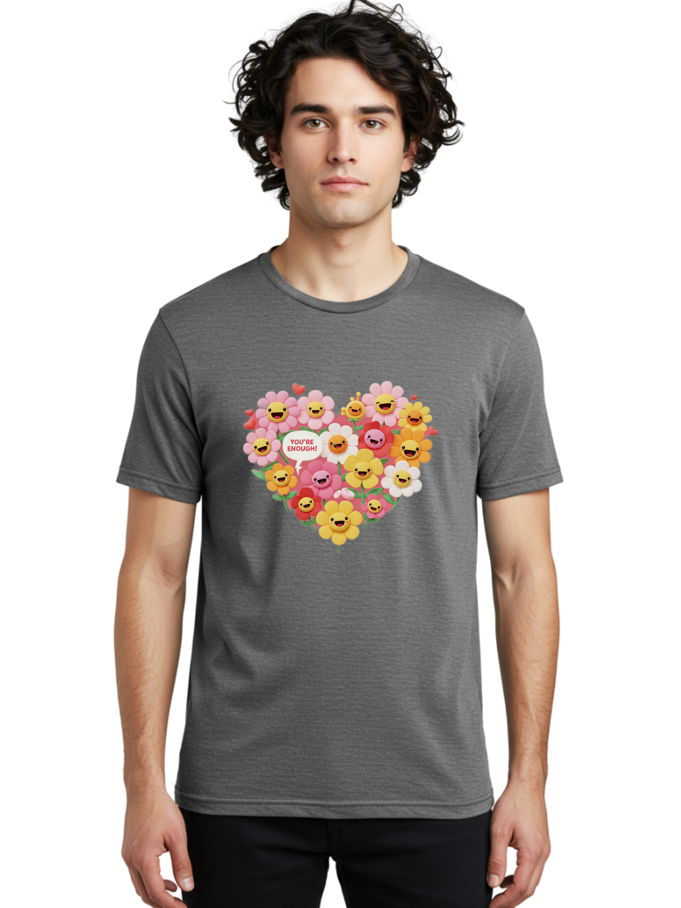 You-Re-Enough Men'S Graphic Tee, 100% Cotton, Comfortable Casual Summer Wear, Machine Washable, Heart-Shaped Arrangement Of Flowers, Smiling Emojis, Positive Affirmation, You'Re Enough, Cute Design, Floral Pattern, Uplifting Message, Bae333