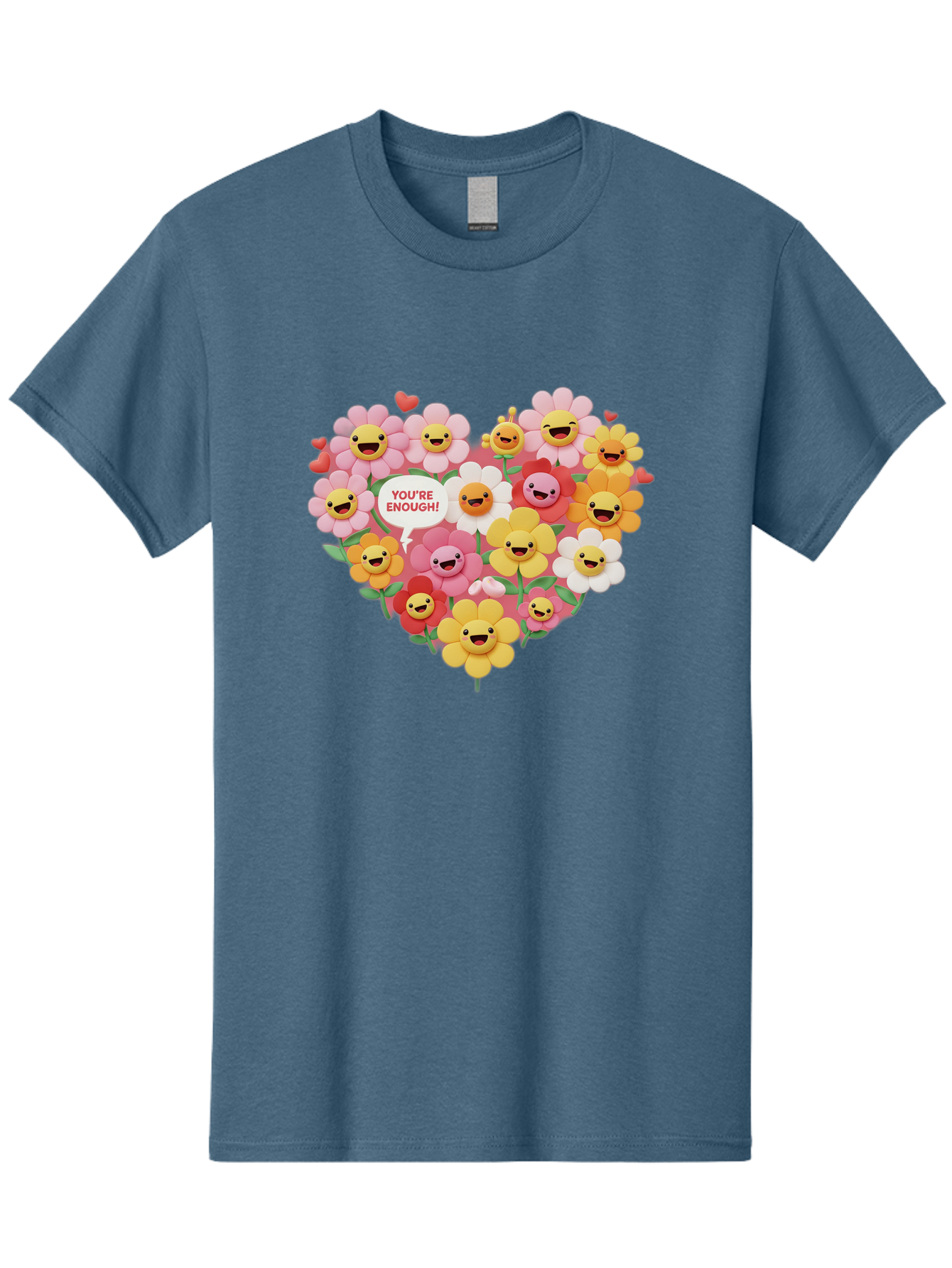 You-Re-Enough Men'S Graphic Tee, 100% Cotton, Comfortable Casual Summer Wear, Machine Washable, Heart-Shaped Arrangement Of Flowers, Smiling Emojis, Positive Affirmation, You'Re Enough, Cute Design, Floral Pattern, Uplifting Message, Bae333