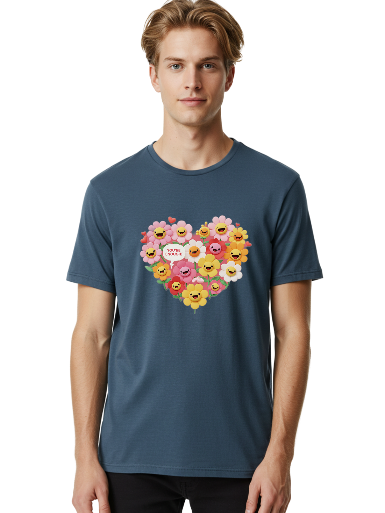 You-Re-Enough Men'S Graphic Tee, 100% Cotton, Comfortable Casual Summer Wear, Machine Washable, Heart-Shaped Arrangement Of Flowers, Smiling Emojis, Positive Affirmation, You'Re Enough, Cute Design, Floral Pattern, Uplifting Message, Bae333