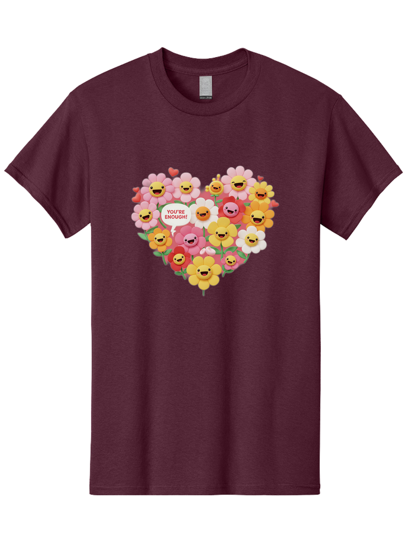 You-Re-Enough Men'S Graphic Tee, 100% Cotton, Comfortable Casual Summer Wear, Machine Washable, Heart-Shaped Arrangement Of Flowers, Smiling Emojis, Positive Affirmation, You'Re Enough, Cute Design, Floral Pattern, Uplifting Message, Bae333
