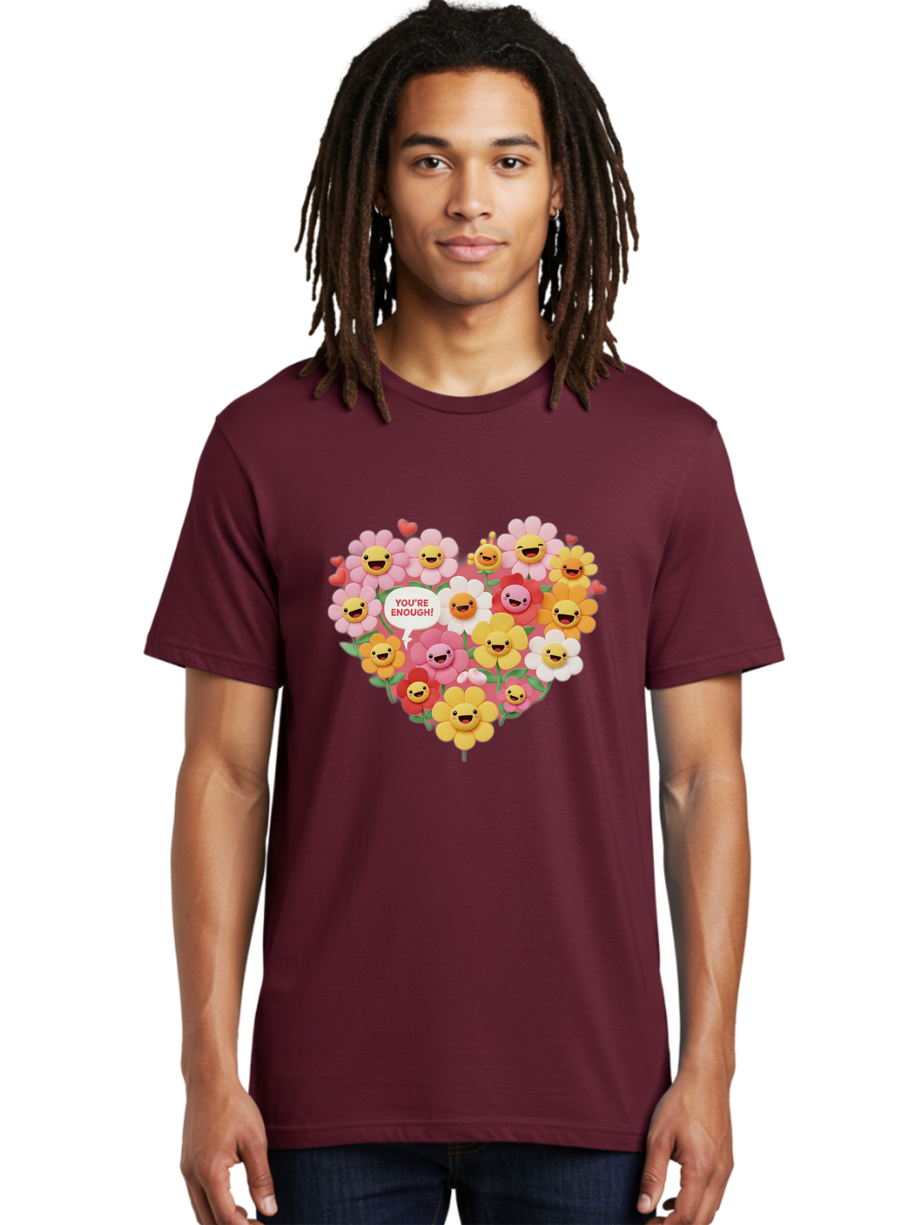You-Re-Enough Men'S Graphic Tee, 100% Cotton, Comfortable Casual Summer Wear, Machine Washable, Heart-Shaped Arrangement Of Flowers, Smiling Emojis, Positive Affirmation, You'Re Enough, Cute Design, Floral Pattern, Uplifting Message, Bae333
