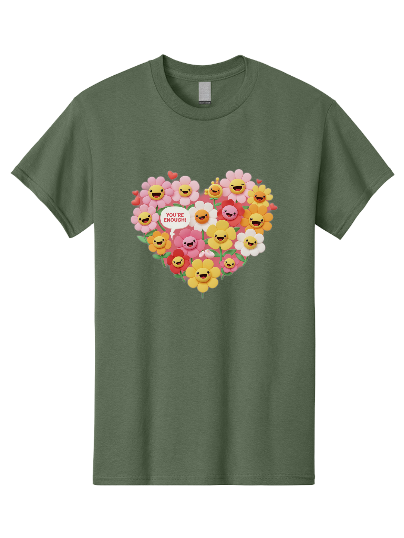 You-Re-Enough Men'S Graphic Tee, 100% Cotton, Comfortable Casual Summer Wear, Machine Washable, Heart-Shaped Arrangement Of Flowers, Smiling Emojis, Positive Affirmation, You'Re Enough, Cute Design, Floral Pattern, Uplifting Message, Bae333