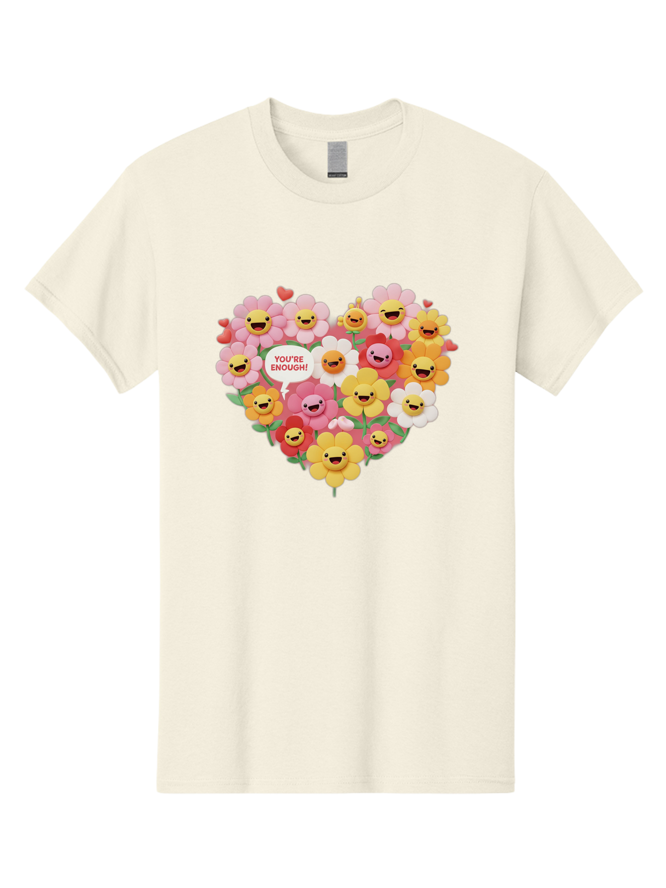 You-Re-Enough Men'S Graphic Tee, 100% Cotton, Comfortable Casual Summer Wear, Machine Washable, Heart-Shaped Arrangement Of Flowers, Smiling Emojis, Positive Affirmation, You'Re Enough, Cute Design, Floral Pattern, Uplifting Message, Bae333