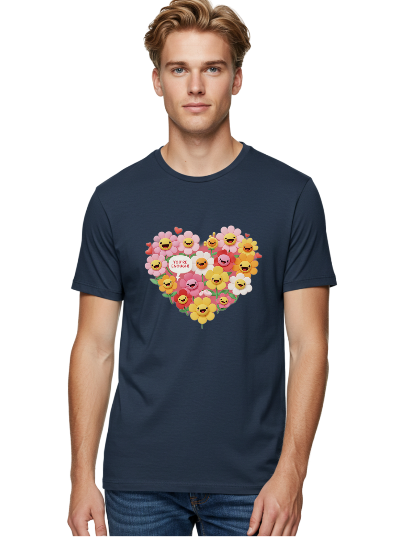 You-Re-Enough Men'S Graphic Tee, 100% Cotton, Comfortable Casual Summer Wear, Machine Washable, Heart-Shaped Arrangement Of Flowers, Smiling Emojis, Positive Affirmation, You'Re Enough, Cute Design, Floral Pattern, Uplifting Message, Bae333