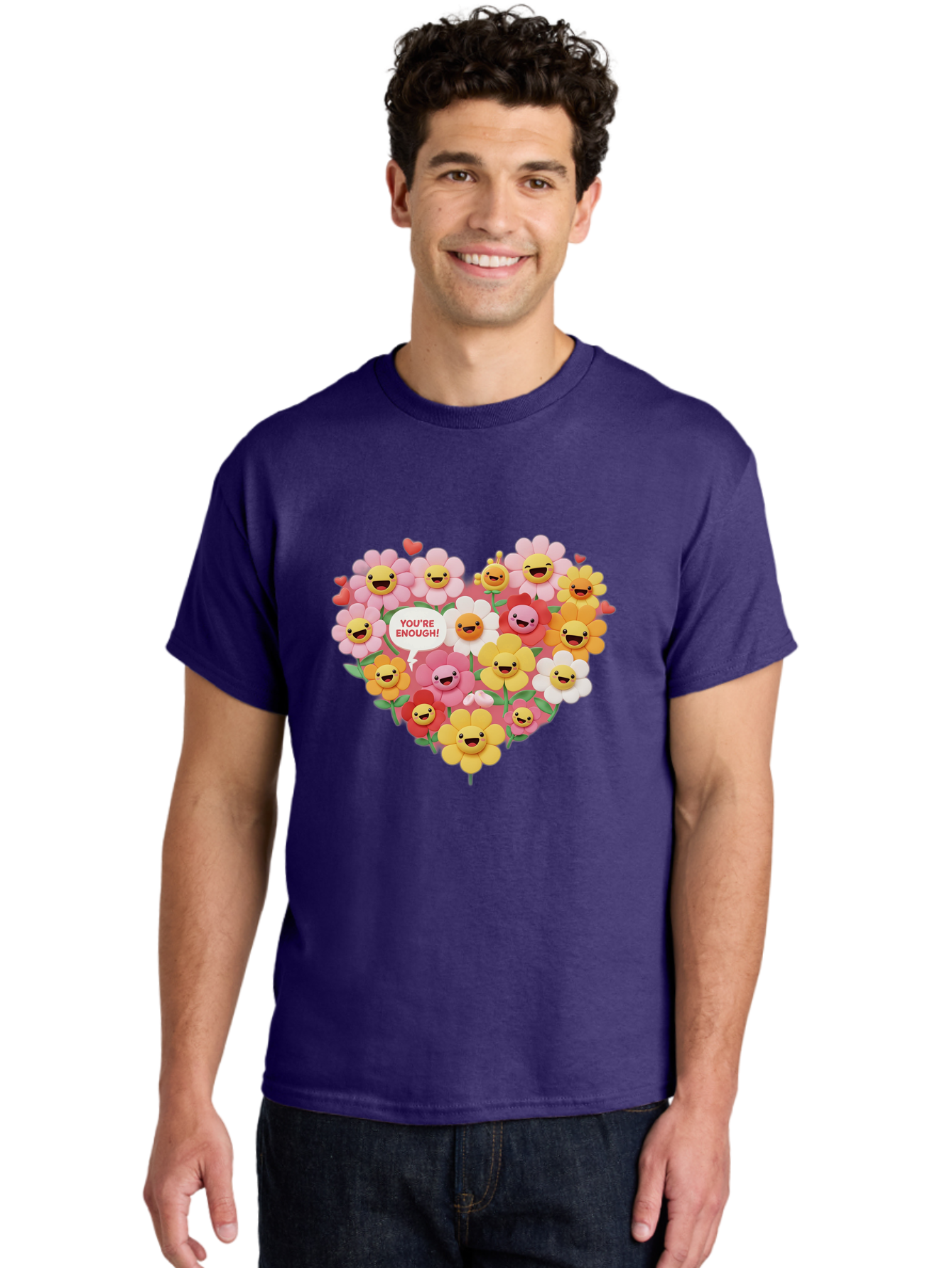 You-Re-Enough Men'S Graphic Tee, 100% Cotton, Comfortable Casual Summer Wear, Machine Washable, Heart-Shaped Arrangement Of Flowers, Smiling Emojis, Positive Affirmation, You'Re Enough, Cute Design, Floral Pattern, Uplifting Message, Bae333