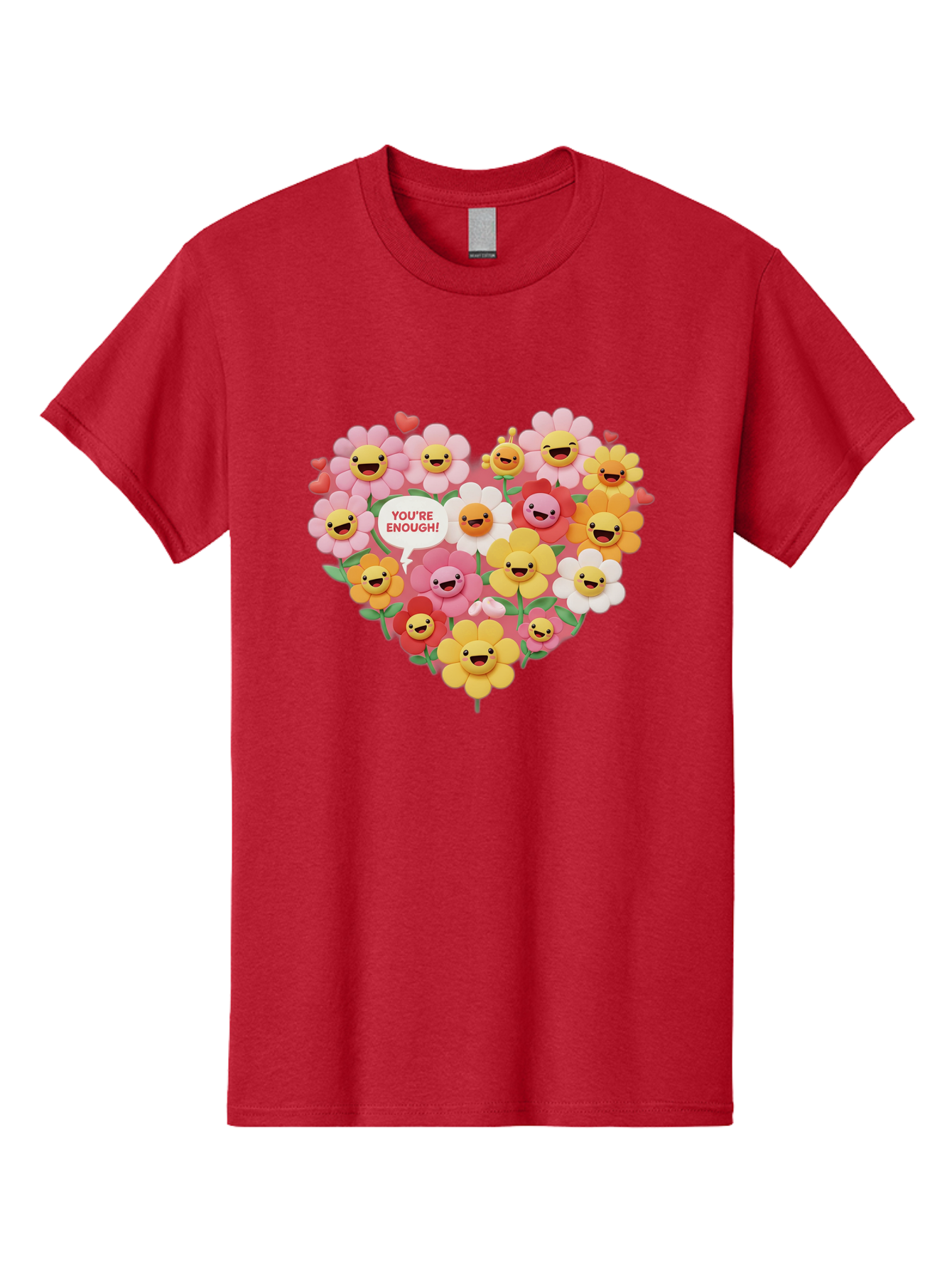 You-Re-Enough Men'S Graphic Tee, 100% Cotton, Comfortable Casual Summer Wear, Machine Washable, Heart-Shaped Arrangement Of Flowers, Smiling Emojis, Positive Affirmation, You'Re Enough, Cute Design, Floral Pattern, Uplifting Message, Bae333