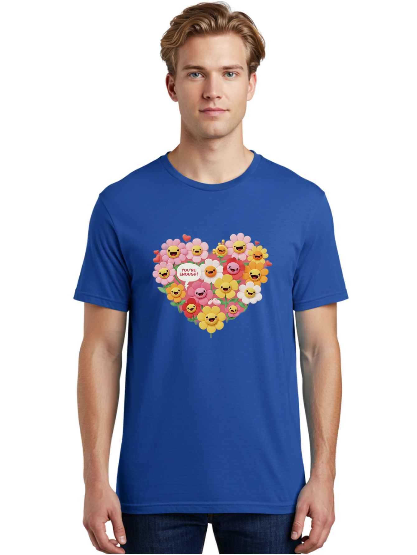 You-Re-Enough Men'S Graphic Tee, 100% Cotton, Comfortable Casual Summer Wear, Machine Washable, Heart-Shaped Arrangement Of Flowers, Smiling Emojis, Positive Affirmation, You'Re Enough, Cute Design, Floral Pattern, Uplifting Message, Bae333