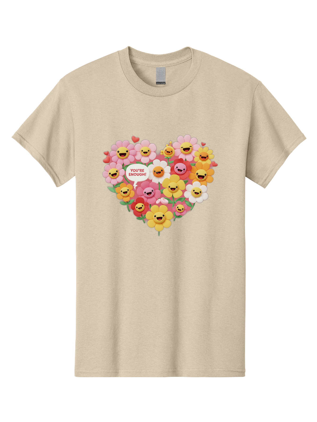 You-Re-Enough Men'S Graphic Tee, 100% Cotton, Comfortable Casual Summer Wear, Machine Washable, Heart-Shaped Arrangement Of Flowers, Smiling Emojis, Positive Affirmation, You'Re Enough, Cute Design, Floral Pattern, Uplifting Message, Bae333