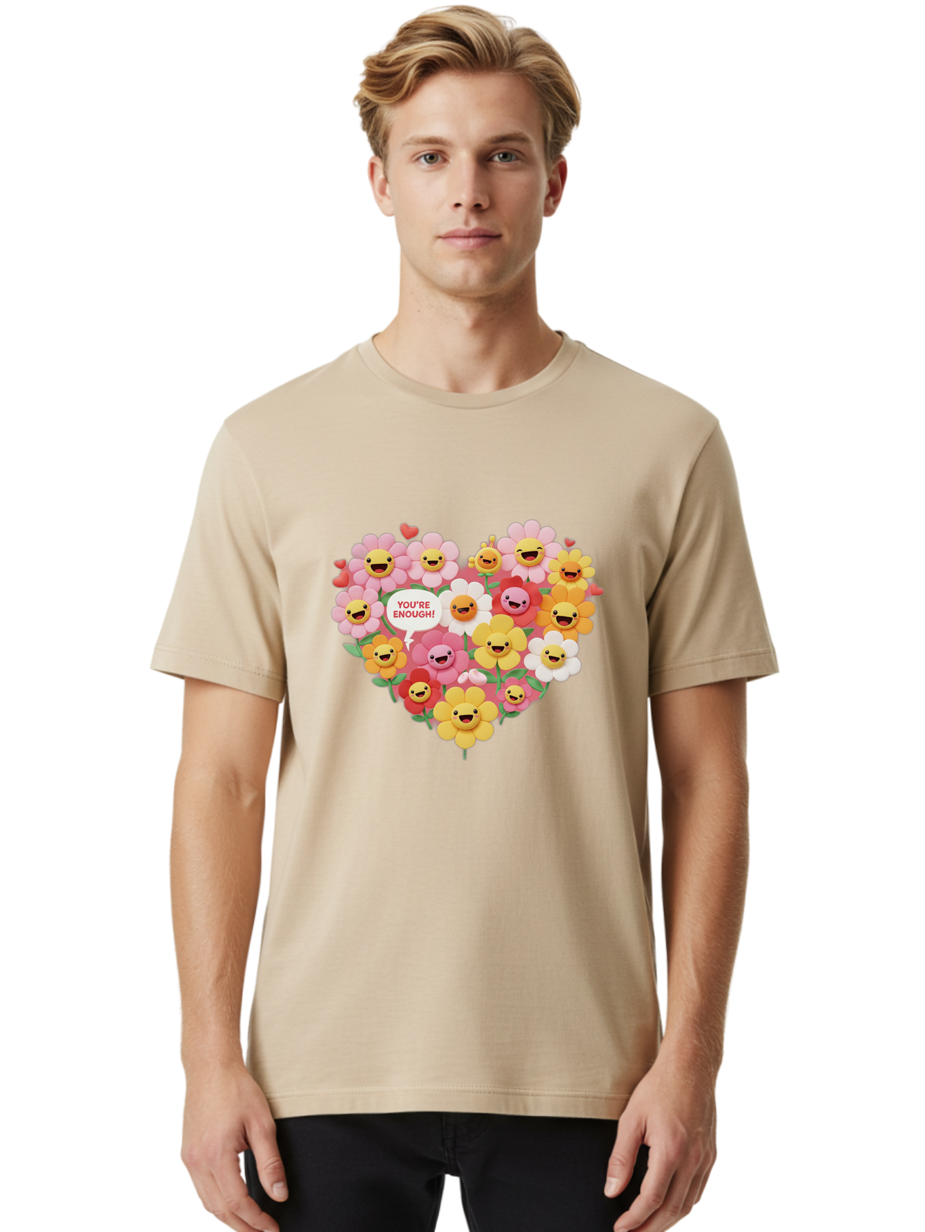 You-Re-Enough Men'S Graphic Tee, 100% Cotton, Comfortable Casual Summer Wear, Machine Washable, Heart-Shaped Arrangement Of Flowers, Smiling Emojis, Positive Affirmation, You'Re Enough, Cute Design, Floral Pattern, Uplifting Message, Bae333