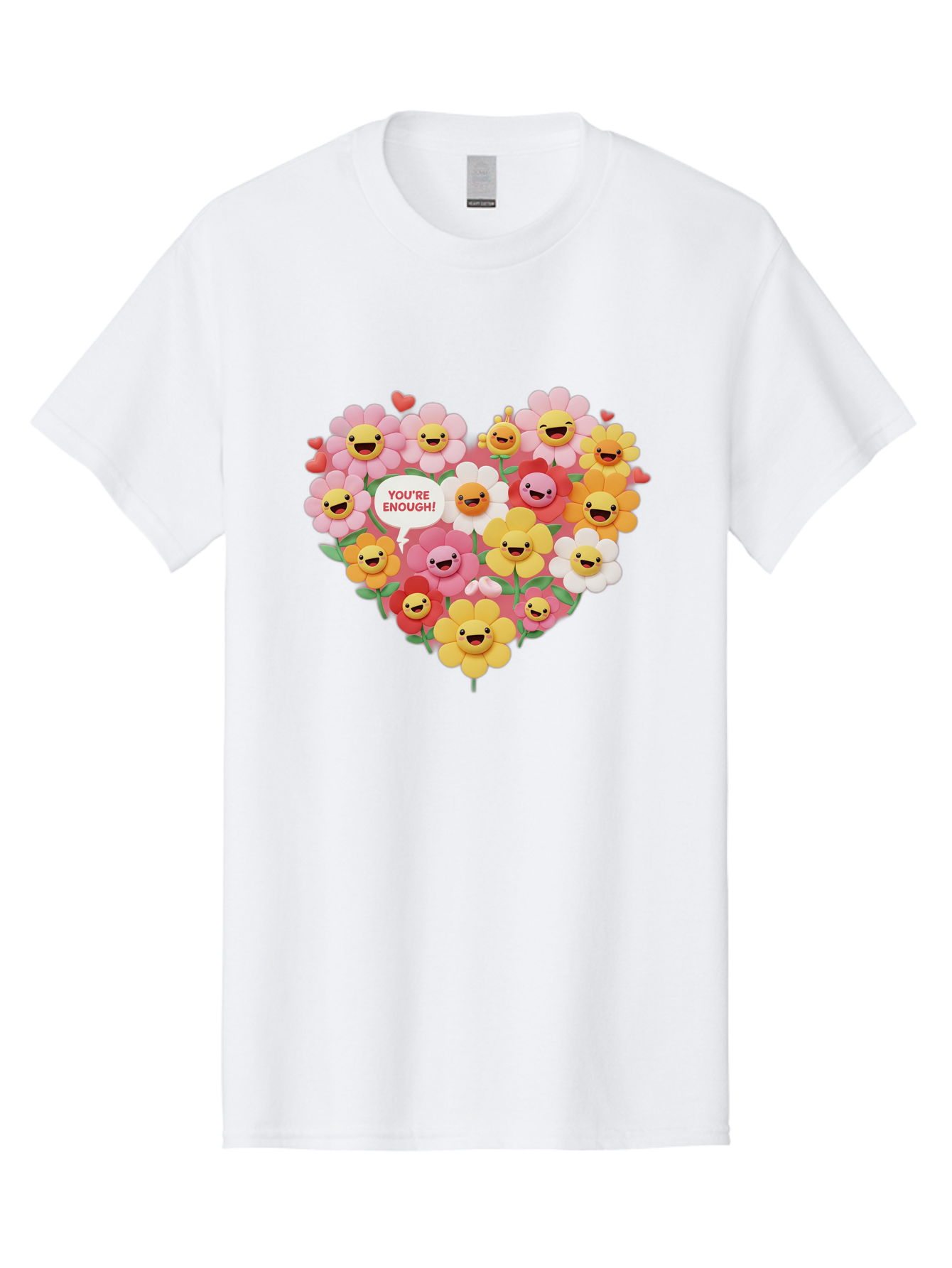 You-Re-Enough Men'S Graphic Tee, 100% Cotton, Comfortable Casual Summer Wear, Machine Washable, Heart-Shaped Arrangement Of Flowers, Smiling Emojis, Positive Affirmation, You'Re Enough, Cute Design, Floral Pattern, Uplifting Message, Bae333