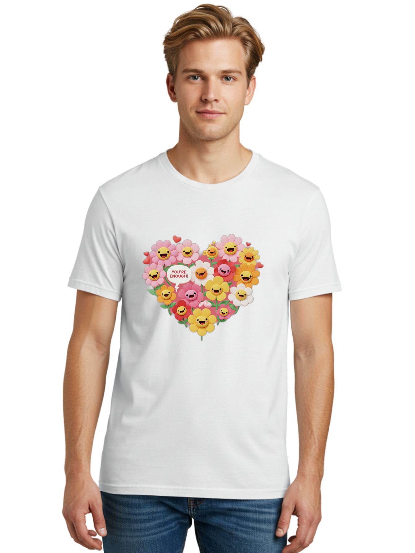 You-Re-Enough Men'S Graphic Tee, 100% Cotton, Comfortable Casual Summer Wear, Machine Washable, Heart-Shaped Arrangement Of Flowers, Smiling Emojis, Positive Affirmation, You'Re Enough, Cute Design, Floral Pattern, Uplifting Message, Bae333
