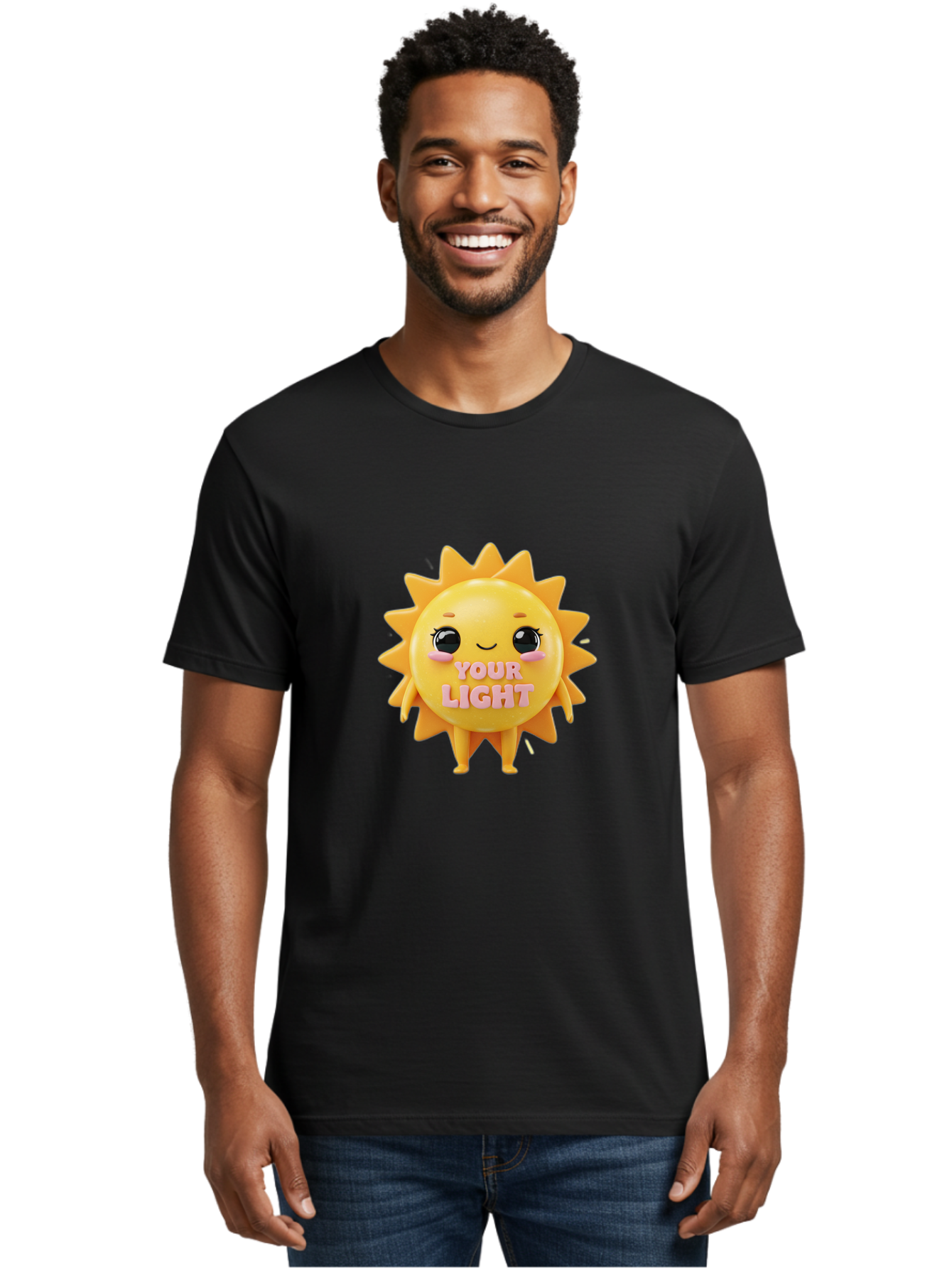 Your-Light Men'S Graphic Tee, 100% Cotton, Comfortable Casual Summer Wear, Machine Washable, Smiling Sun Character, Cute Cartoon Sun, Positive Vibes, Inspirational Quote, Sunshine Illustration, Happy Face, Yellow Sun, Inner Light Bae335