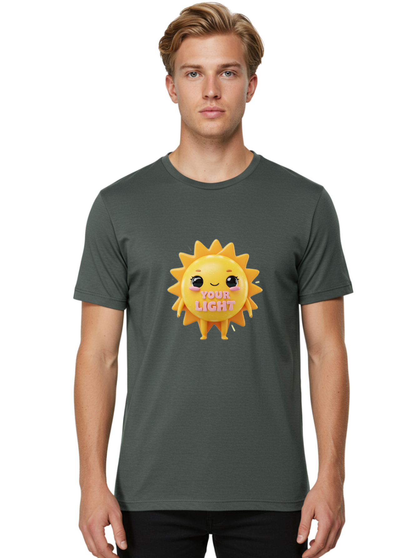 Your-Light Men'S Graphic Tee, 100% Cotton, Comfortable Casual Summer Wear, Machine Washable, Smiling Sun Character, Cute Cartoon Sun, Positive Vibes, Inspirational Quote, Sunshine Illustration, Happy Face, Yellow Sun, Inner Light Bae335