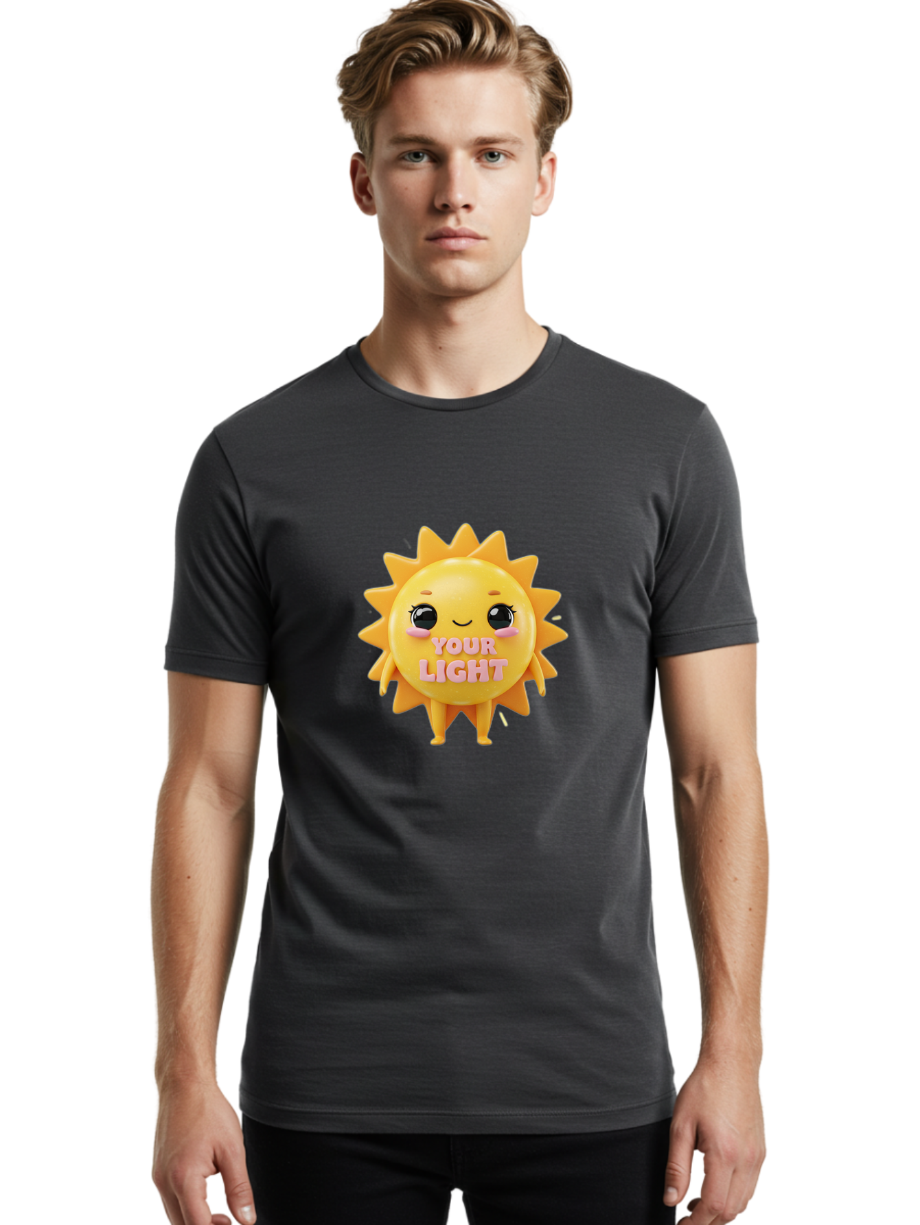 Your-Light Men'S Graphic Tee, 100% Cotton, Comfortable Casual Summer Wear, Machine Washable, Smiling Sun Character, Cute Cartoon Sun, Positive Vibes, Inspirational Quote, Sunshine Illustration, Happy Face, Yellow Sun, Inner Light Bae335