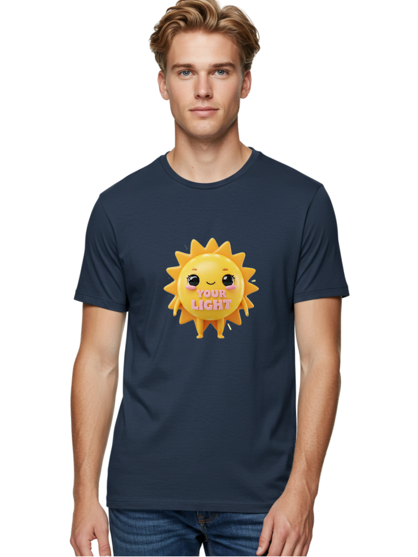 Your-Light Men'S Graphic Tee, 100% Cotton, Comfortable Casual Summer Wear, Machine Washable, Smiling Sun Character, Cute Cartoon Sun, Positive Vibes, Inspirational Quote, Sunshine Illustration, Happy Face, Yellow Sun, Inner Light Bae335