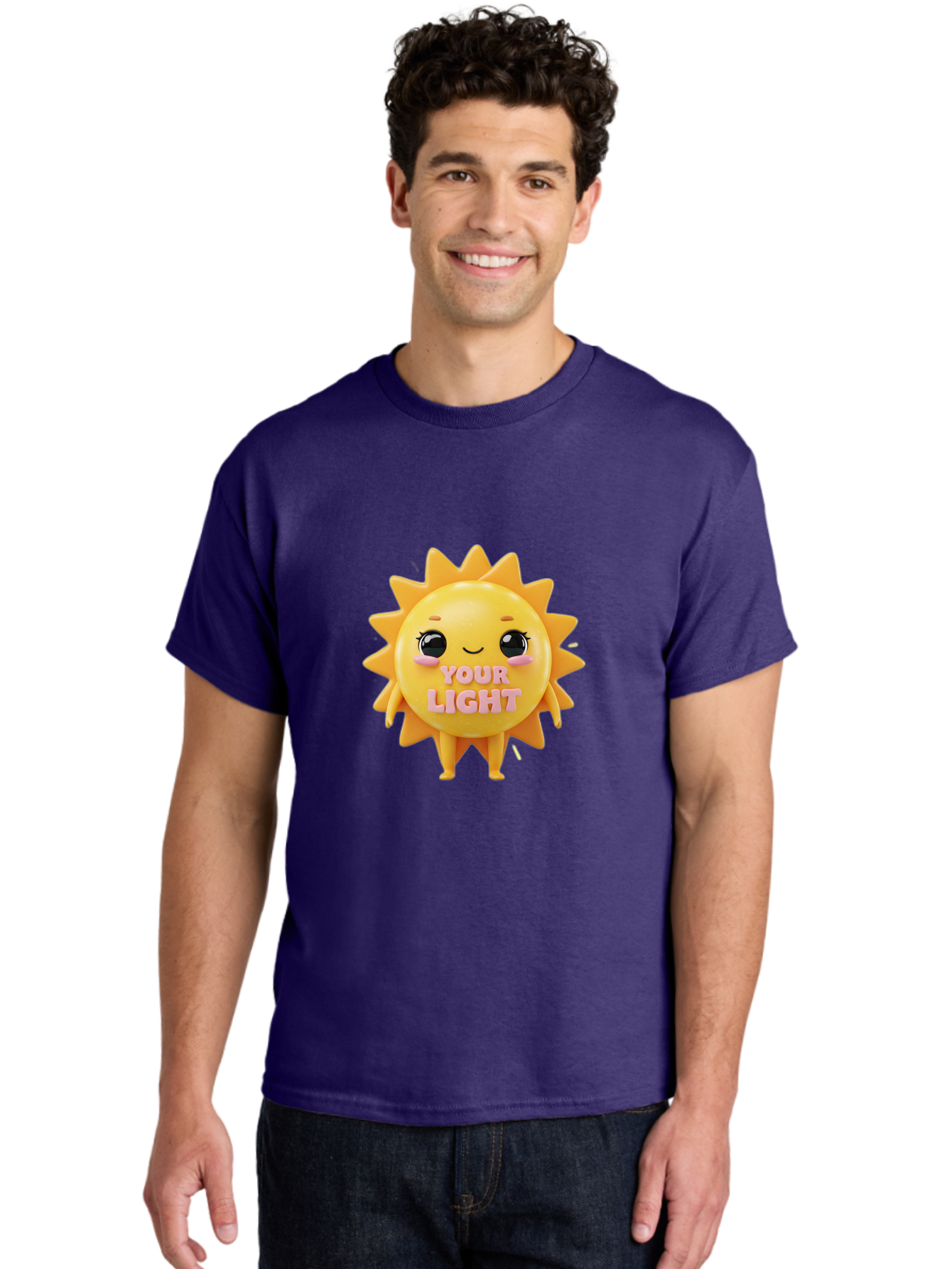Your-Light Men'S Graphic Tee, 100% Cotton, Comfortable Casual Summer Wear, Machine Washable, Smiling Sun Character, Cute Cartoon Sun, Positive Vibes, Inspirational Quote, Sunshine Illustration, Happy Face, Yellow Sun, Inner Light Bae335