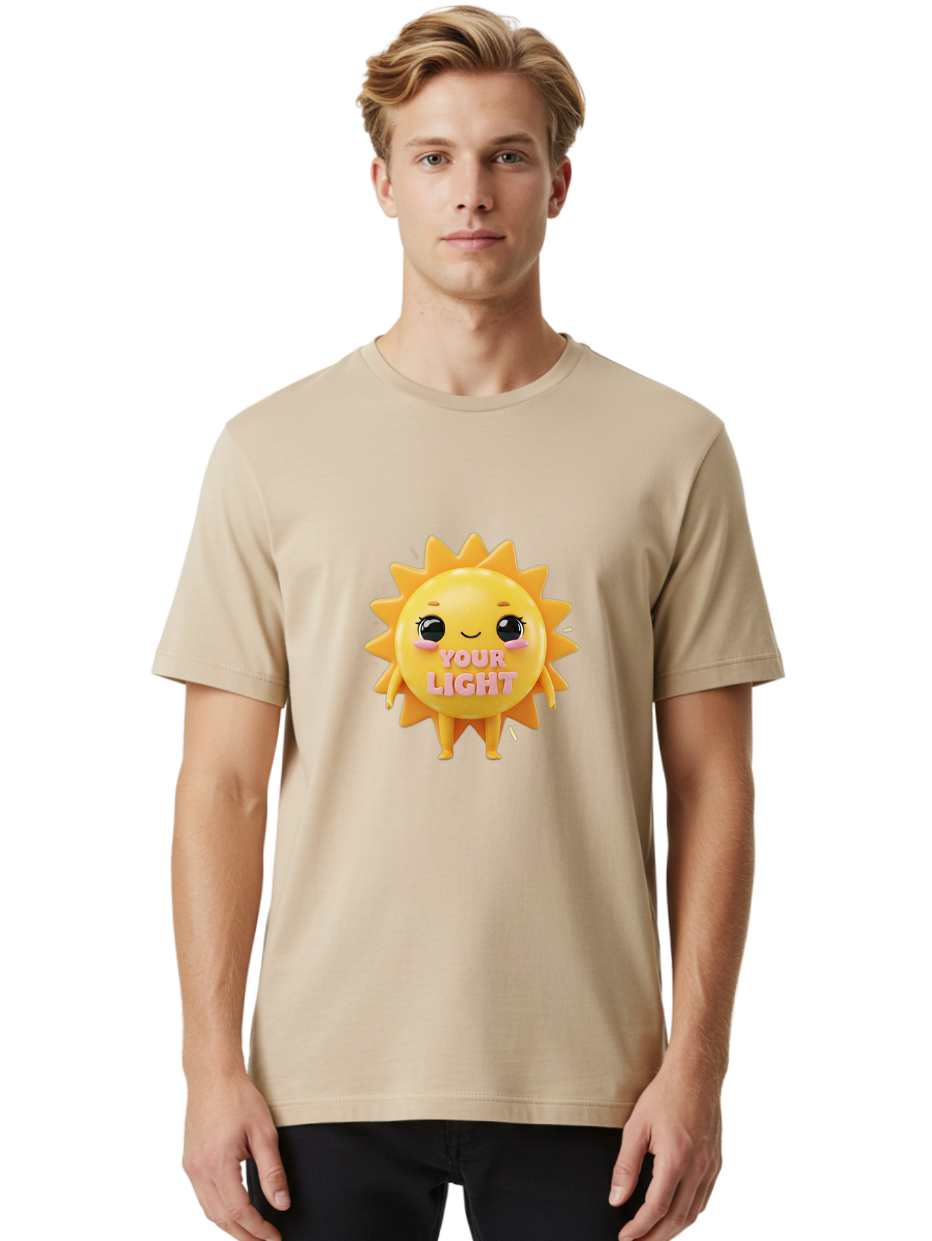 Your-Light Men'S Graphic Tee, 100% Cotton, Comfortable Casual Summer Wear, Machine Washable, Smiling Sun Character, Cute Cartoon Sun, Positive Vibes, Inspirational Quote, Sunshine Illustration, Happy Face, Yellow Sun, Inner Light Bae335