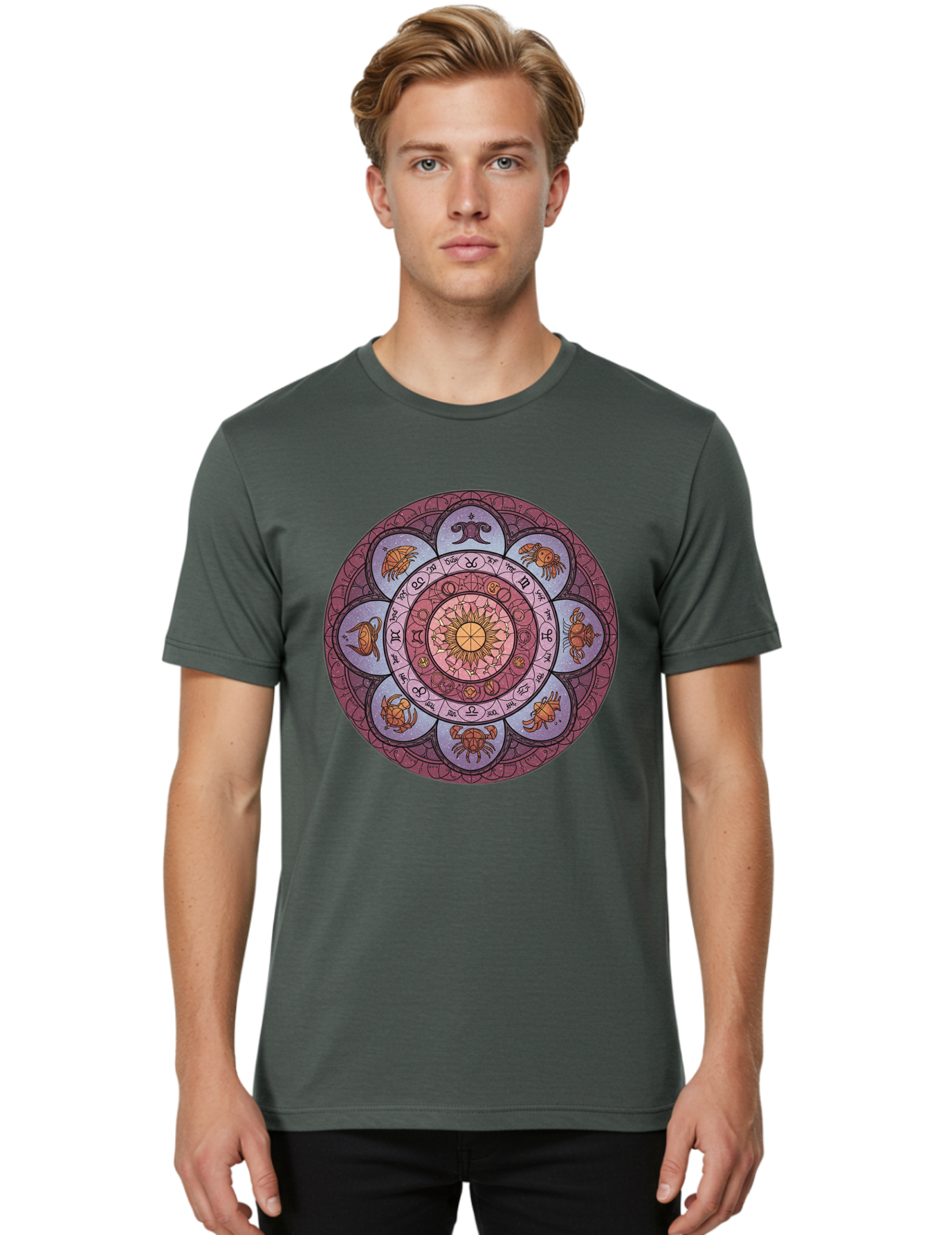 Zodiac-Circle-1 Men'S Graphic Tee, 100% Cotton, Comfortable Casual Summer Wear, Machine Washable, Zodiac Signs, Astrology Symbols, Celestial Wheel, Mandala Design, Spiritual Pattern, Mystical Art, Horoscope Chart, Esoteric Symbolism, Bae336