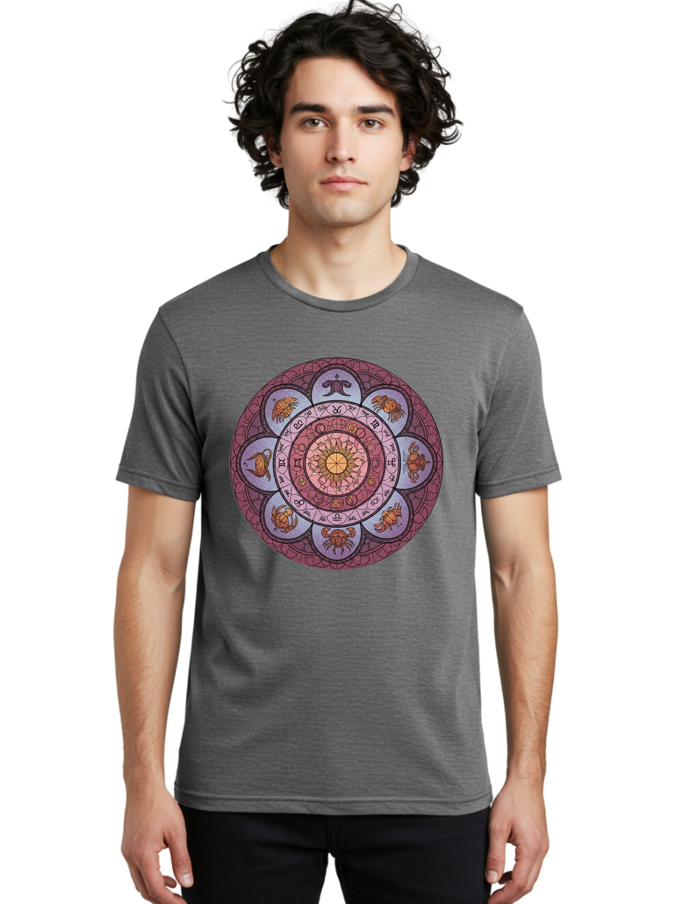 Zodiac-Circle-1 Men'S Graphic Tee, 100% Cotton, Comfortable Casual Summer Wear, Machine Washable, Zodiac Signs, Astrology Symbols, Celestial Wheel, Mandala Design, Spiritual Pattern, Mystical Art, Horoscope Chart, Esoteric Symbolism, Bae336