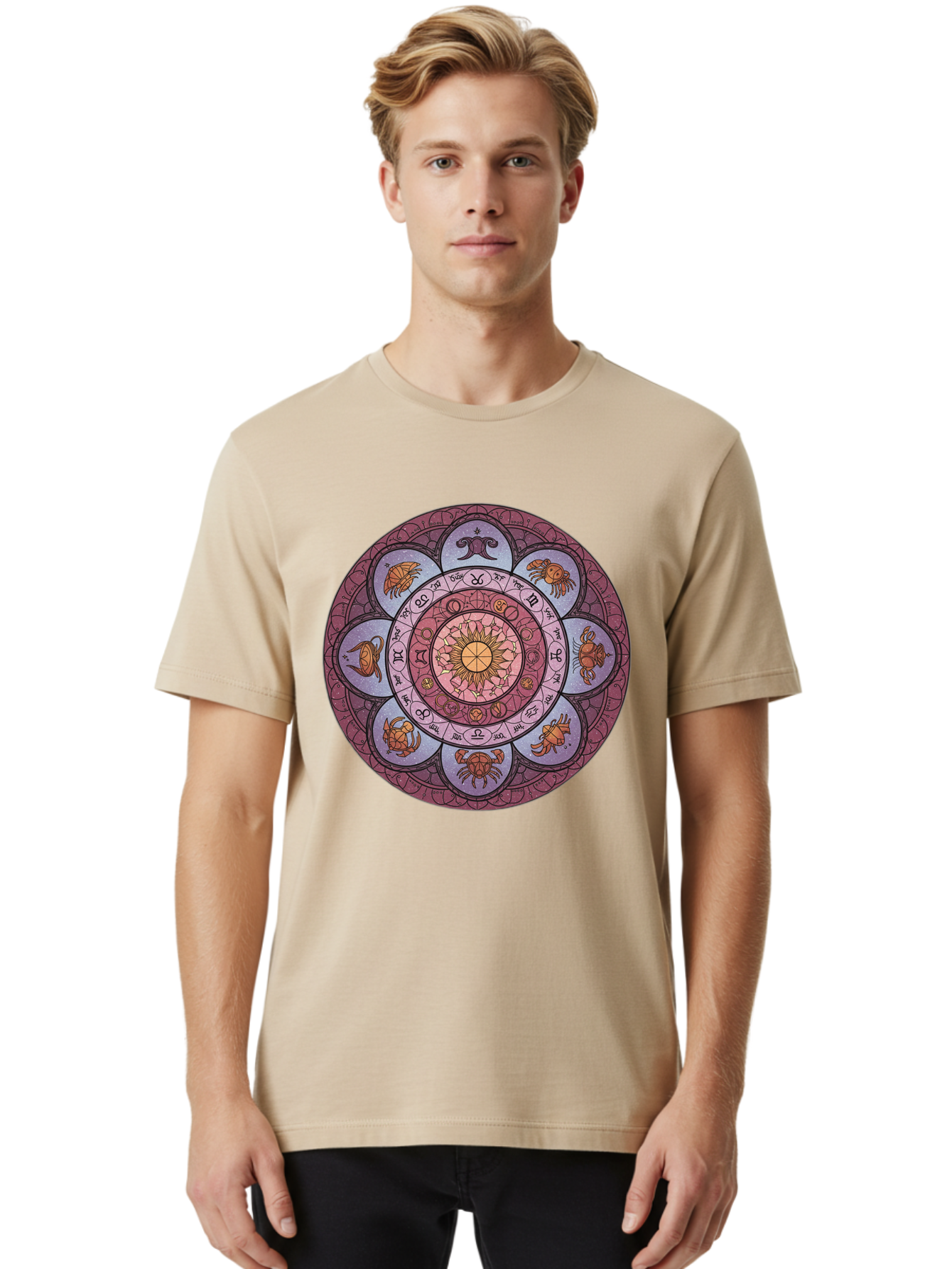 Zodiac-Circle-1 Men'S Graphic Tee, 100% Cotton, Comfortable Casual Summer Wear, Machine Washable, Zodiac Signs, Astrology Symbols, Celestial Wheel, Mandala Design, Spiritual Pattern, Mystical Art, Horoscope Chart, Esoteric Symbolism, Bae336