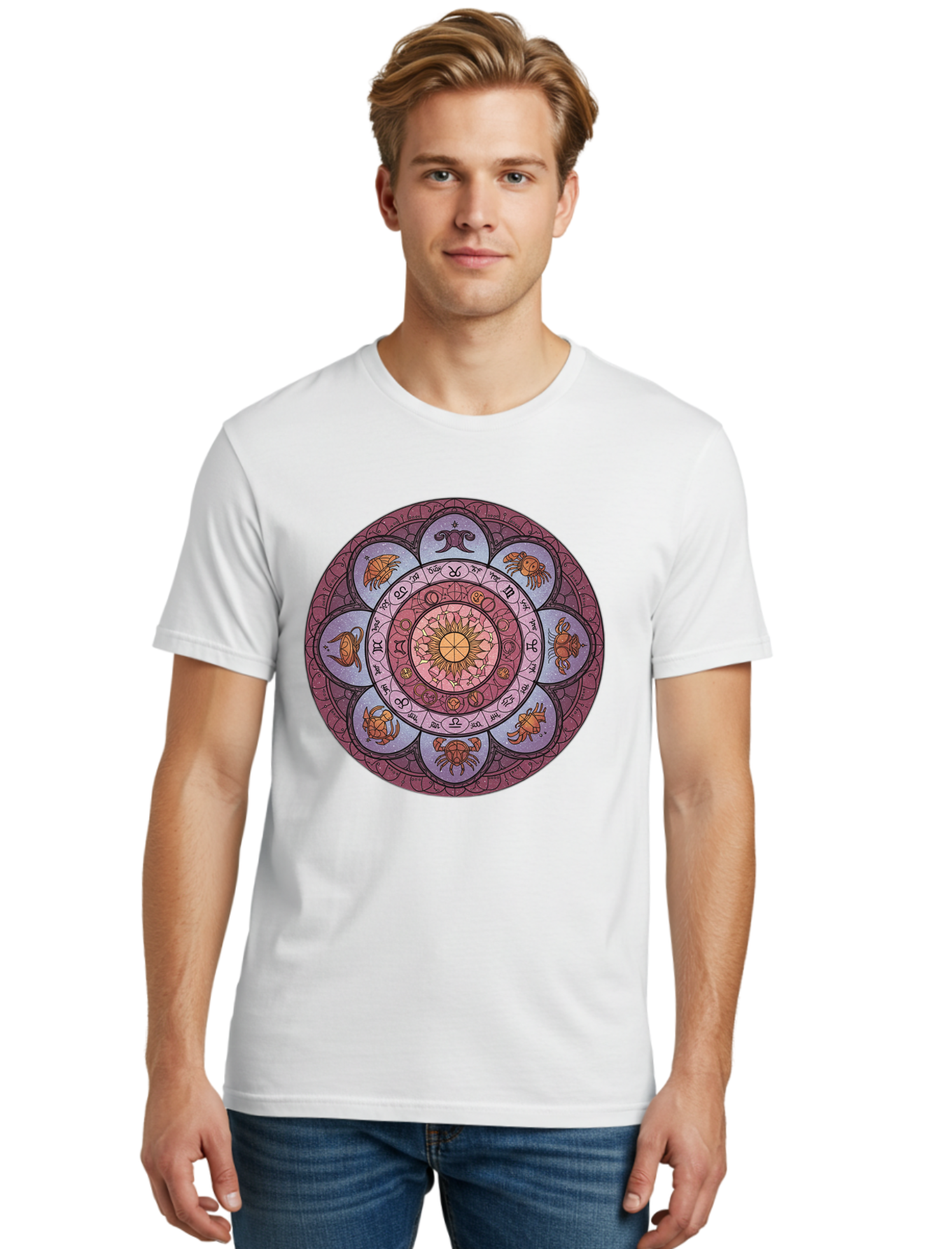 Zodiac-Circle-1 Men'S Graphic Tee, 100% Cotton, Comfortable Casual Summer Wear, Machine Washable, Zodiac Signs, Astrology Symbols, Celestial Wheel, Mandala Design, Spiritual Pattern, Mystical Art, Horoscope Chart, Esoteric Symbolism, Bae336