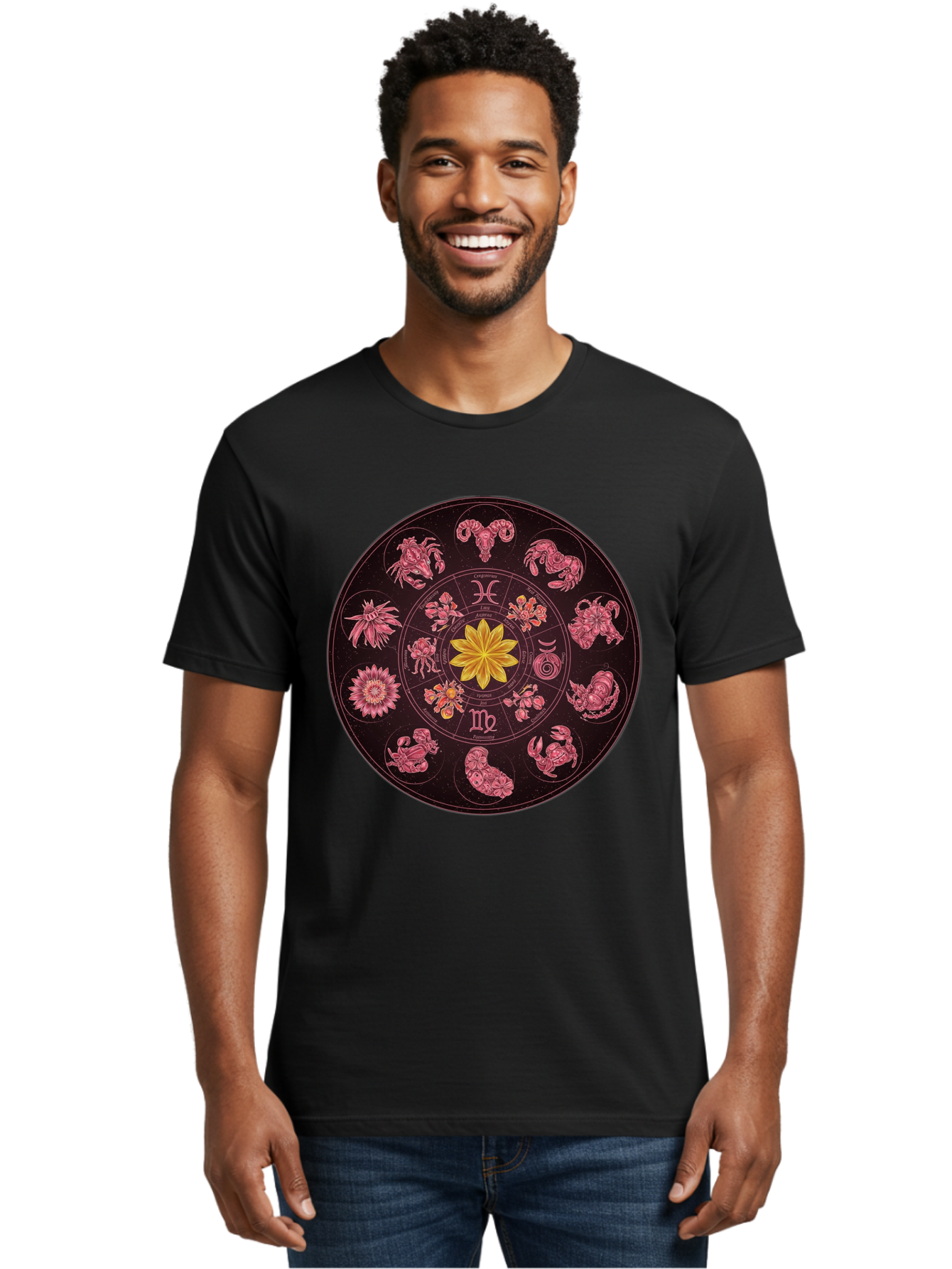 Zodiac-Circle Men'S Graphic Tee, 100% Cotton, Comfortable Casual Summer Wear, Machine Washable, Zodiac Wheel, Astrological Symbols, Floral Centerpiece, Mystical Design, Cancer, Capricorn, Virgo, Pink Illustrations, Yellow Flower, Esoteric Art, Bae337