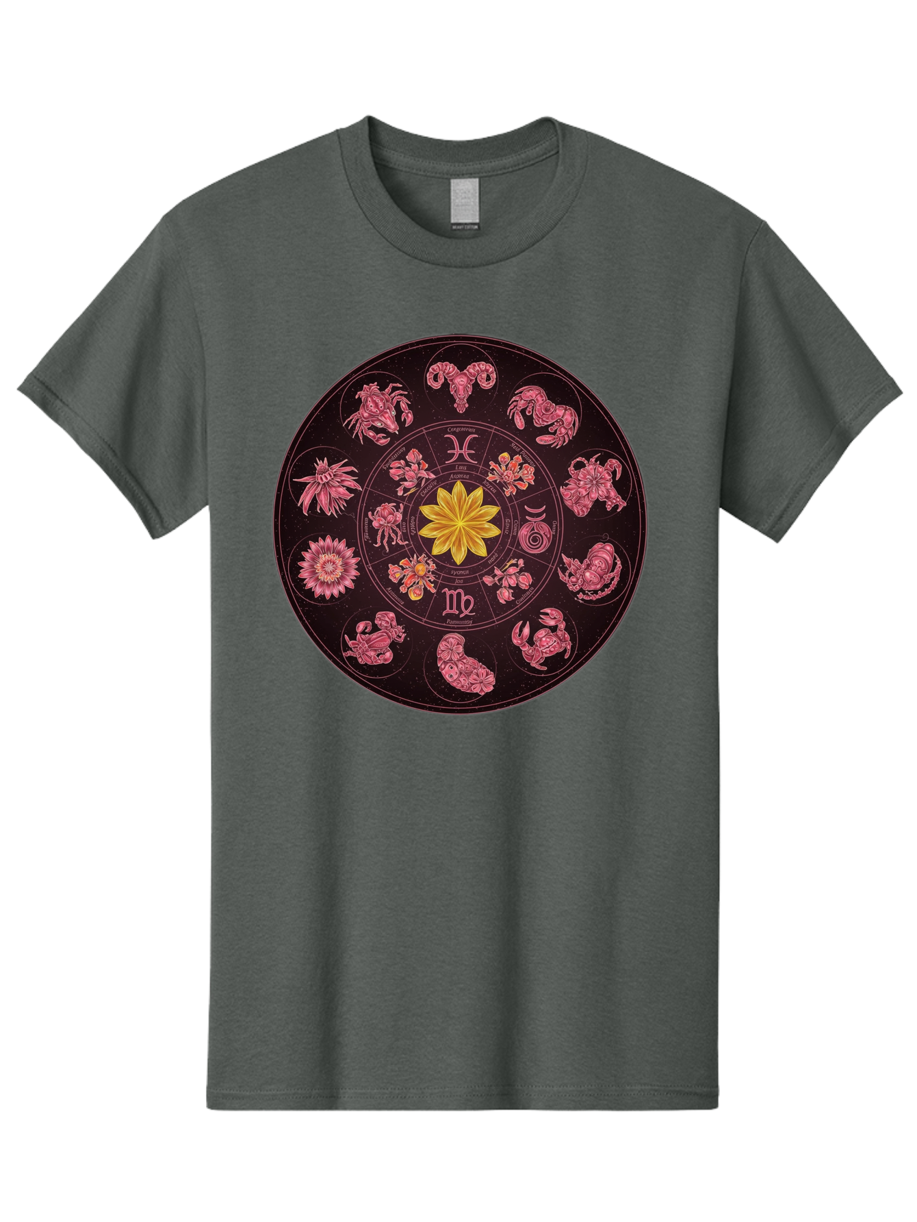 Zodiac-Circle Men'S Graphic Tee, 100% Cotton, Comfortable Casual Summer Wear, Machine Washable, Zodiac Wheel, Astrological Symbols, Floral Centerpiece, Mystical Design, Cancer, Capricorn, Virgo, Pink Illustrations, Yellow Flower, Esoteric Art, Bae337