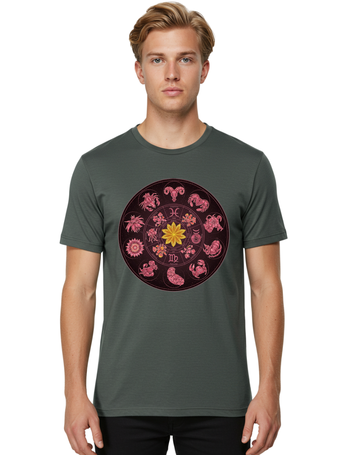 Zodiac-Circle Men'S Graphic Tee, 100% Cotton, Comfortable Casual Summer Wear, Machine Washable, Zodiac Wheel, Astrological Symbols, Floral Centerpiece, Mystical Design, Cancer, Capricorn, Virgo, Pink Illustrations, Yellow Flower, Esoteric Art, Bae337