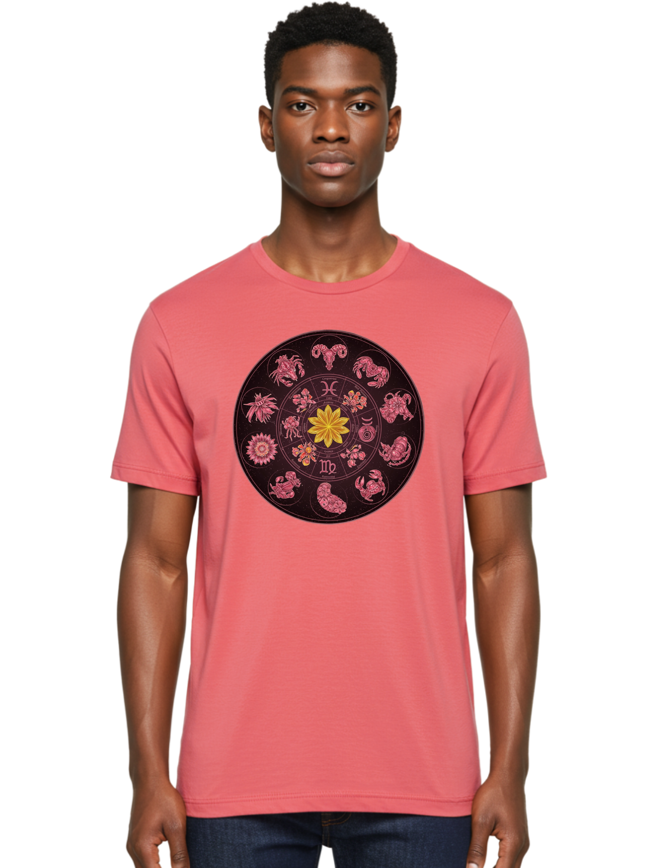Zodiac-Circle Men'S Graphic Tee, 100% Cotton, Comfortable Casual Summer Wear, Machine Washable, Zodiac Wheel, Astrological Symbols, Floral Centerpiece, Mystical Design, Cancer, Capricorn, Virgo, Pink Illustrations, Yellow Flower, Esoteric Art, Bae337