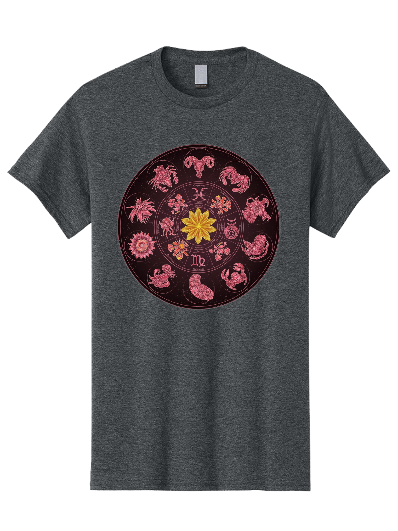 Zodiac-Circle Men'S Graphic Tee, 100% Cotton, Comfortable Casual Summer Wear, Machine Washable, Zodiac Wheel, Astrological Symbols, Floral Centerpiece, Mystical Design, Cancer, Capricorn, Virgo, Pink Illustrations, Yellow Flower, Esoteric Art, Bae337