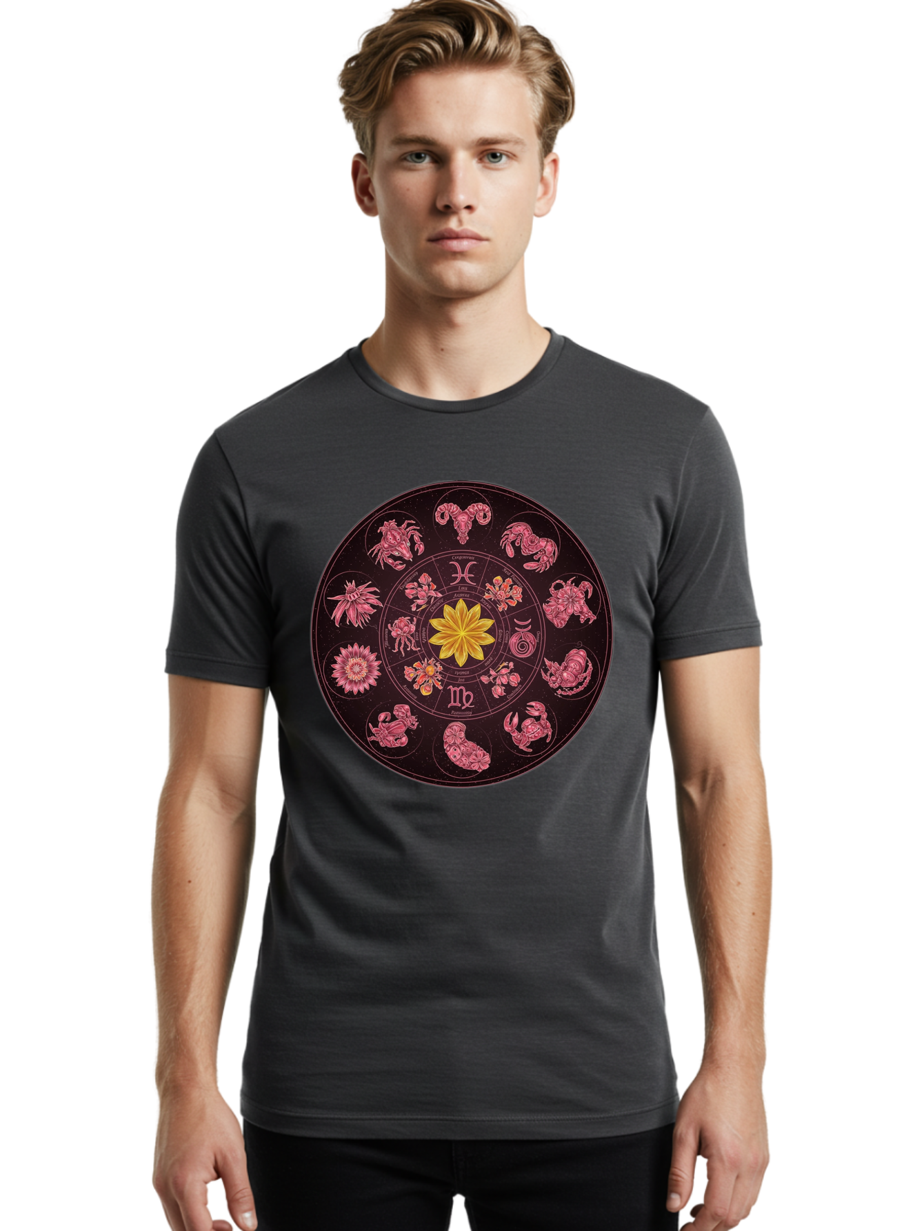 Zodiac-Circle Men'S Graphic Tee, 100% Cotton, Comfortable Casual Summer Wear, Machine Washable, Zodiac Wheel, Astrological Symbols, Floral Centerpiece, Mystical Design, Cancer, Capricorn, Virgo, Pink Illustrations, Yellow Flower, Esoteric Art, Bae337