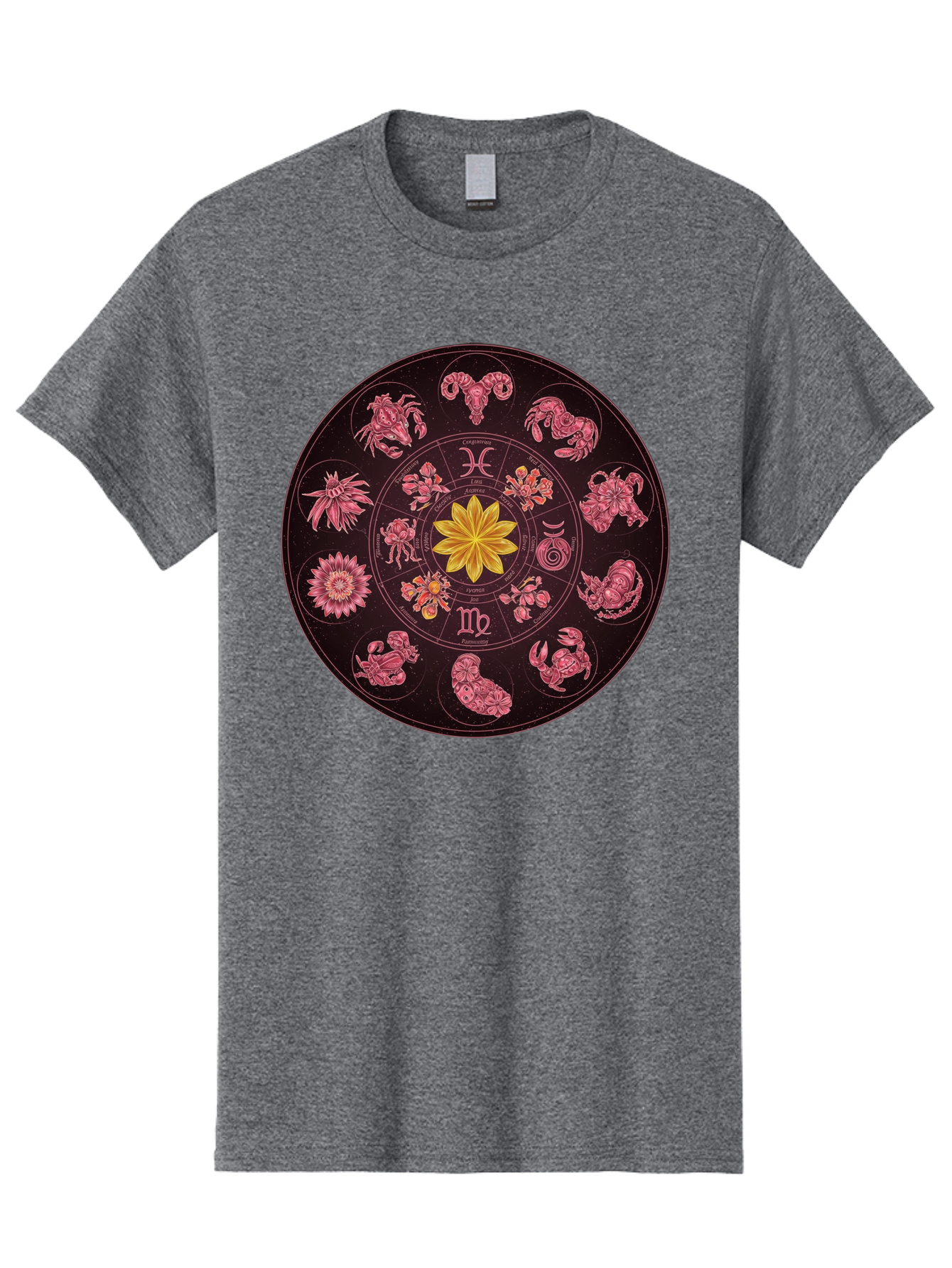 Zodiac-Circle Men'S Graphic Tee, 100% Cotton, Comfortable Casual Summer Wear, Machine Washable, Zodiac Wheel, Astrological Symbols, Floral Centerpiece, Mystical Design, Cancer, Capricorn, Virgo, Pink Illustrations, Yellow Flower, Esoteric Art, Bae337
