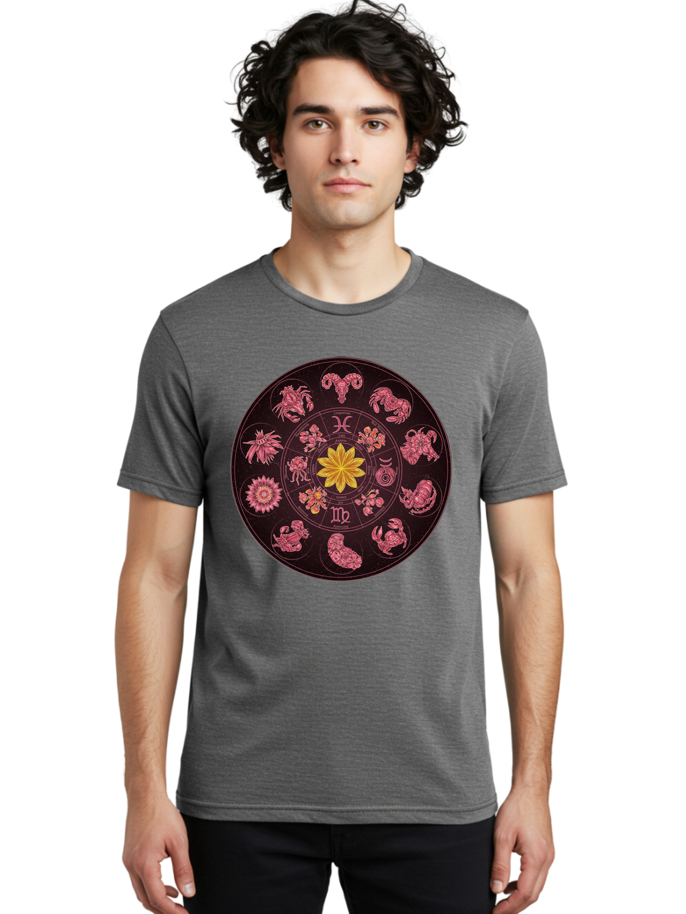 Zodiac-Circle Men'S Graphic Tee, 100% Cotton, Comfortable Casual Summer Wear, Machine Washable, Zodiac Wheel, Astrological Symbols, Floral Centerpiece, Mystical Design, Cancer, Capricorn, Virgo, Pink Illustrations, Yellow Flower, Esoteric Art, Bae337