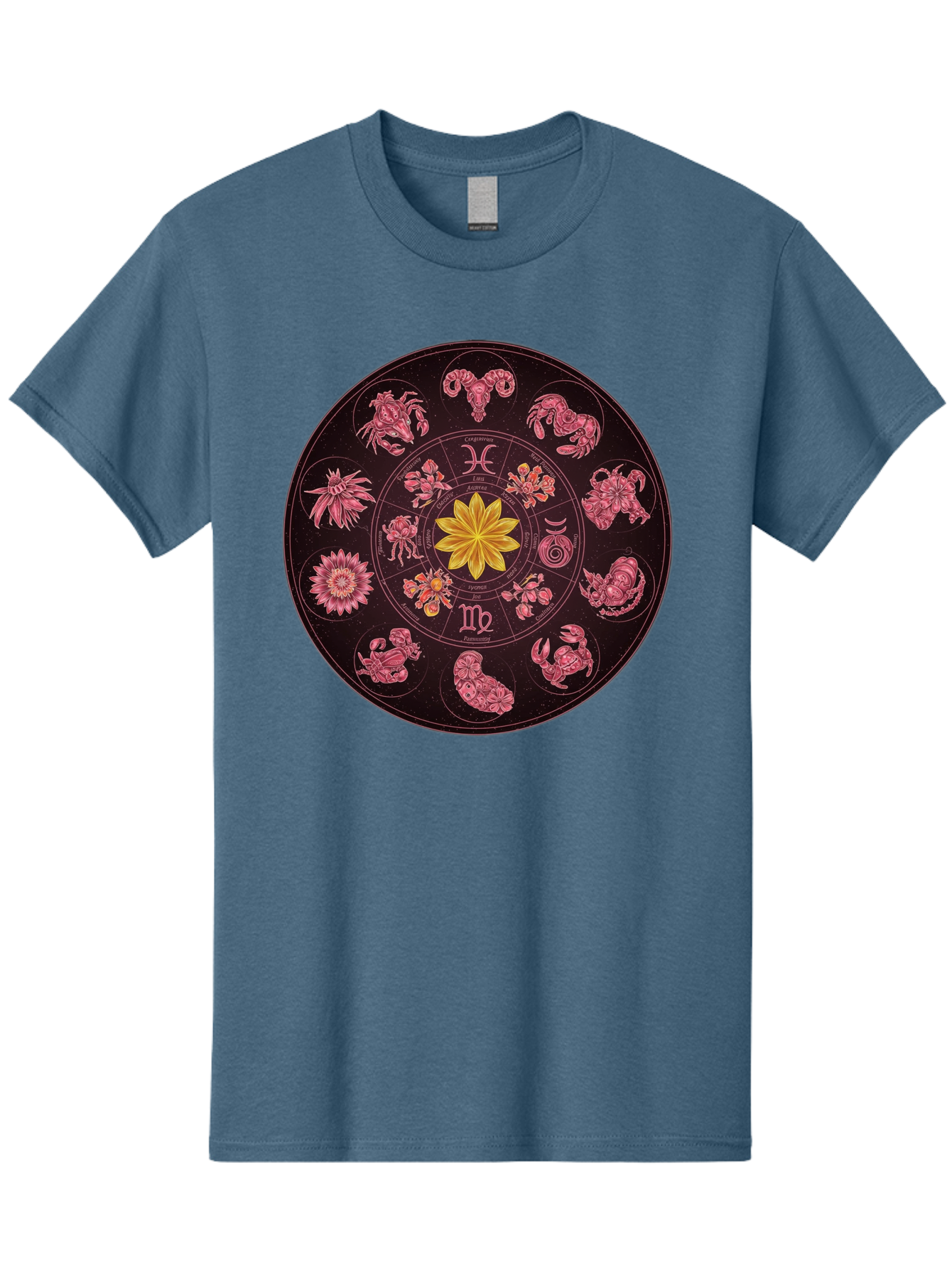 Zodiac-Circle Men'S Graphic Tee, 100% Cotton, Comfortable Casual Summer Wear, Machine Washable, Zodiac Wheel, Astrological Symbols, Floral Centerpiece, Mystical Design, Cancer, Capricorn, Virgo, Pink Illustrations, Yellow Flower, Esoteric Art, Bae337