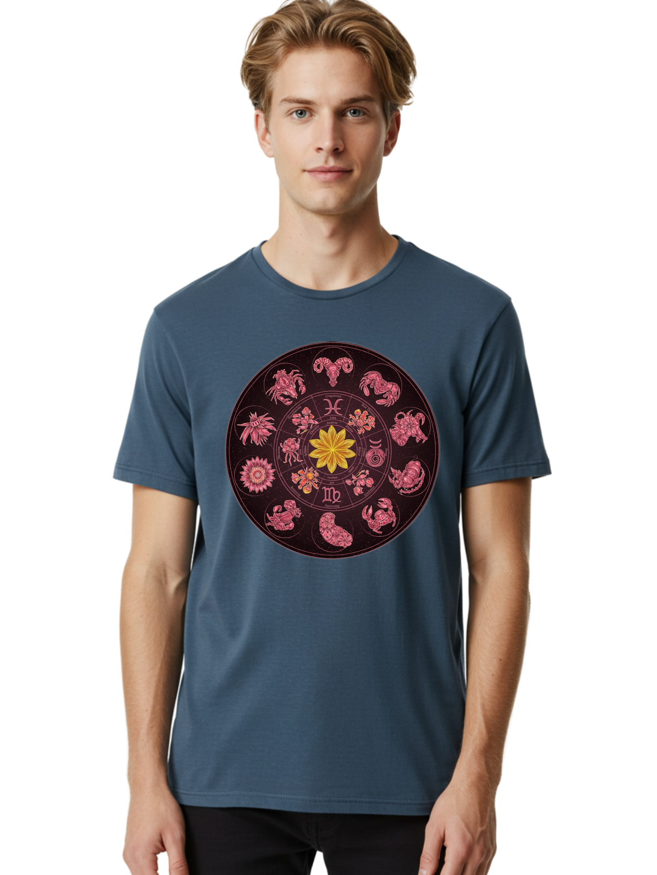Zodiac-Circle Men'S Graphic Tee, 100% Cotton, Comfortable Casual Summer Wear, Machine Washable, Zodiac Wheel, Astrological Symbols, Floral Centerpiece, Mystical Design, Cancer, Capricorn, Virgo, Pink Illustrations, Yellow Flower, Esoteric Art, Bae337