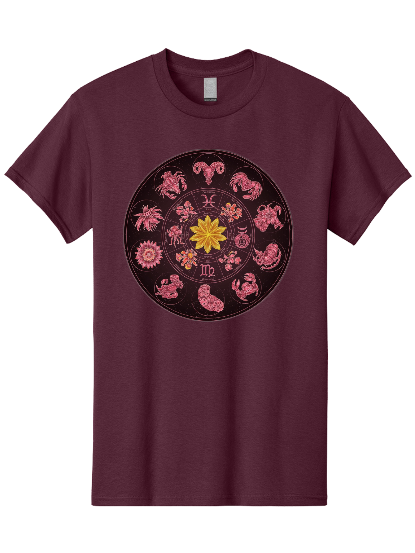 Zodiac-Circle Men'S Graphic Tee, 100% Cotton, Comfortable Casual Summer Wear, Machine Washable, Zodiac Wheel, Astrological Symbols, Floral Centerpiece, Mystical Design, Cancer, Capricorn, Virgo, Pink Illustrations, Yellow Flower, Esoteric Art, Bae337