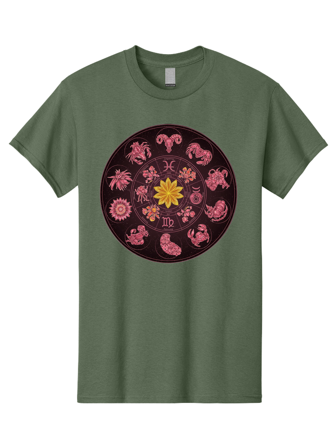 Zodiac-Circle Men'S Graphic Tee, 100% Cotton, Comfortable Casual Summer Wear, Machine Washable, Zodiac Wheel, Astrological Symbols, Floral Centerpiece, Mystical Design, Cancer, Capricorn, Virgo, Pink Illustrations, Yellow Flower, Esoteric Art, Bae337