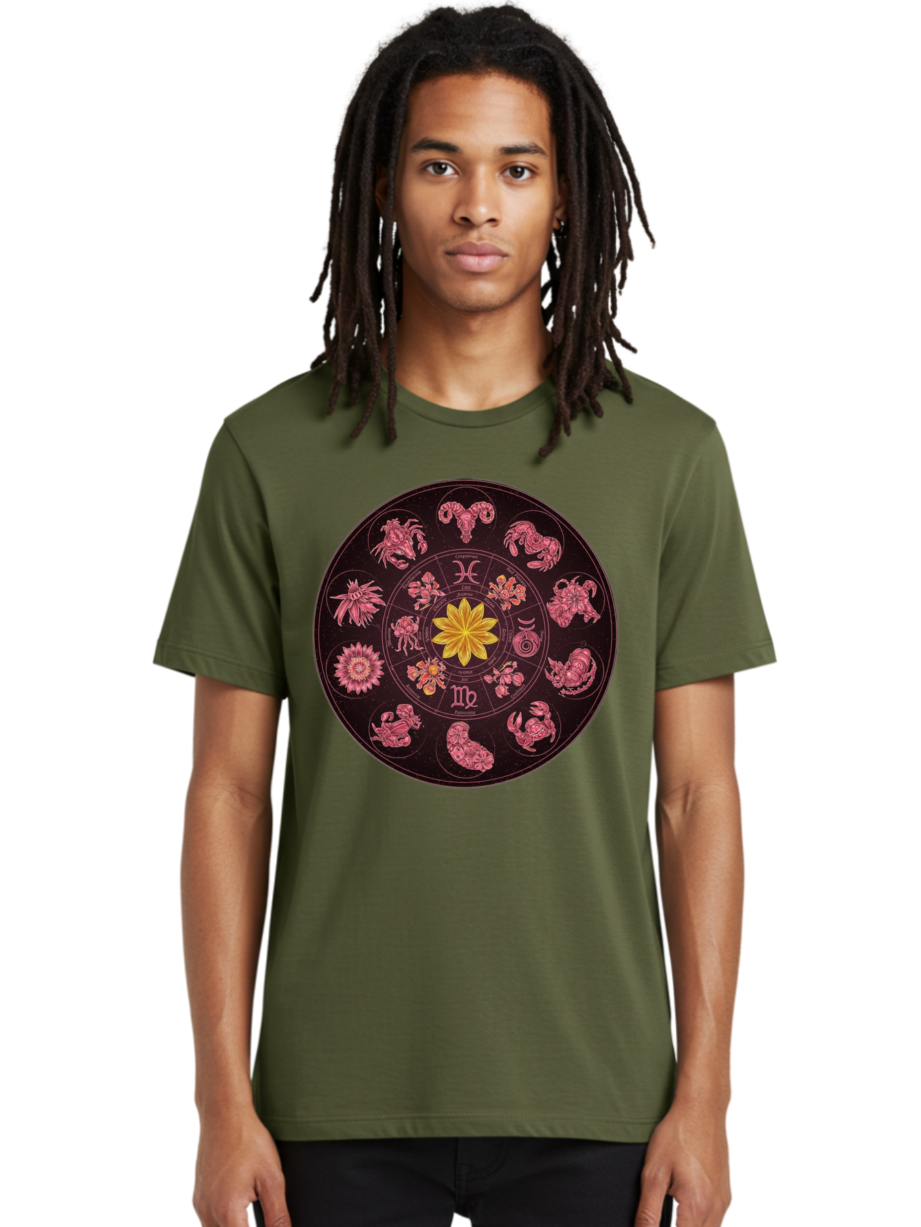 Zodiac-Circle Men'S Graphic Tee, 100% Cotton, Comfortable Casual Summer Wear, Machine Washable, Zodiac Wheel, Astrological Symbols, Floral Centerpiece, Mystical Design, Cancer, Capricorn, Virgo, Pink Illustrations, Yellow Flower, Esoteric Art, Bae337