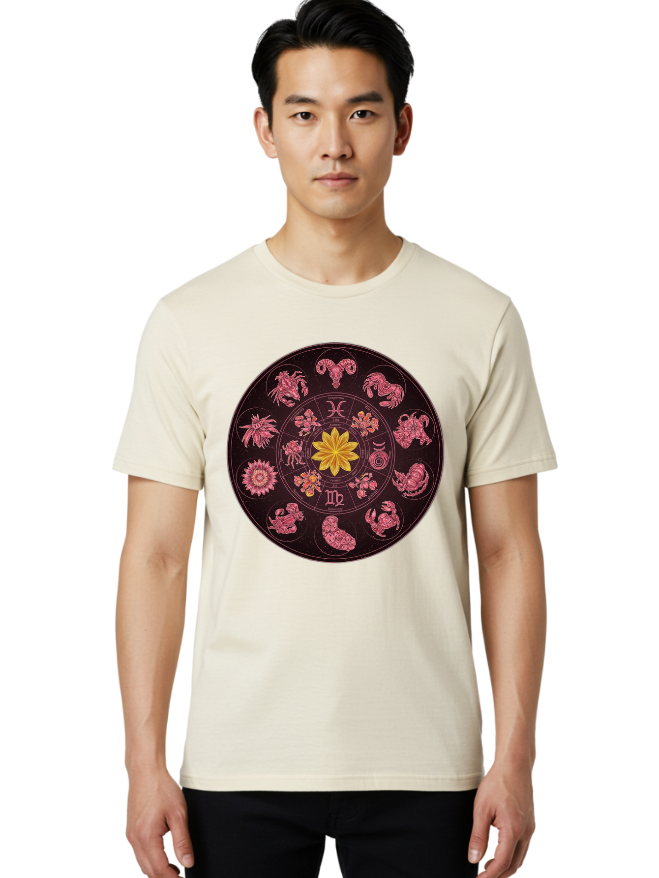Zodiac-Circle Men'S Graphic Tee, 100% Cotton, Comfortable Casual Summer Wear, Machine Washable, Zodiac Wheel, Astrological Symbols, Floral Centerpiece, Mystical Design, Cancer, Capricorn, Virgo, Pink Illustrations, Yellow Flower, Esoteric Art, Bae337