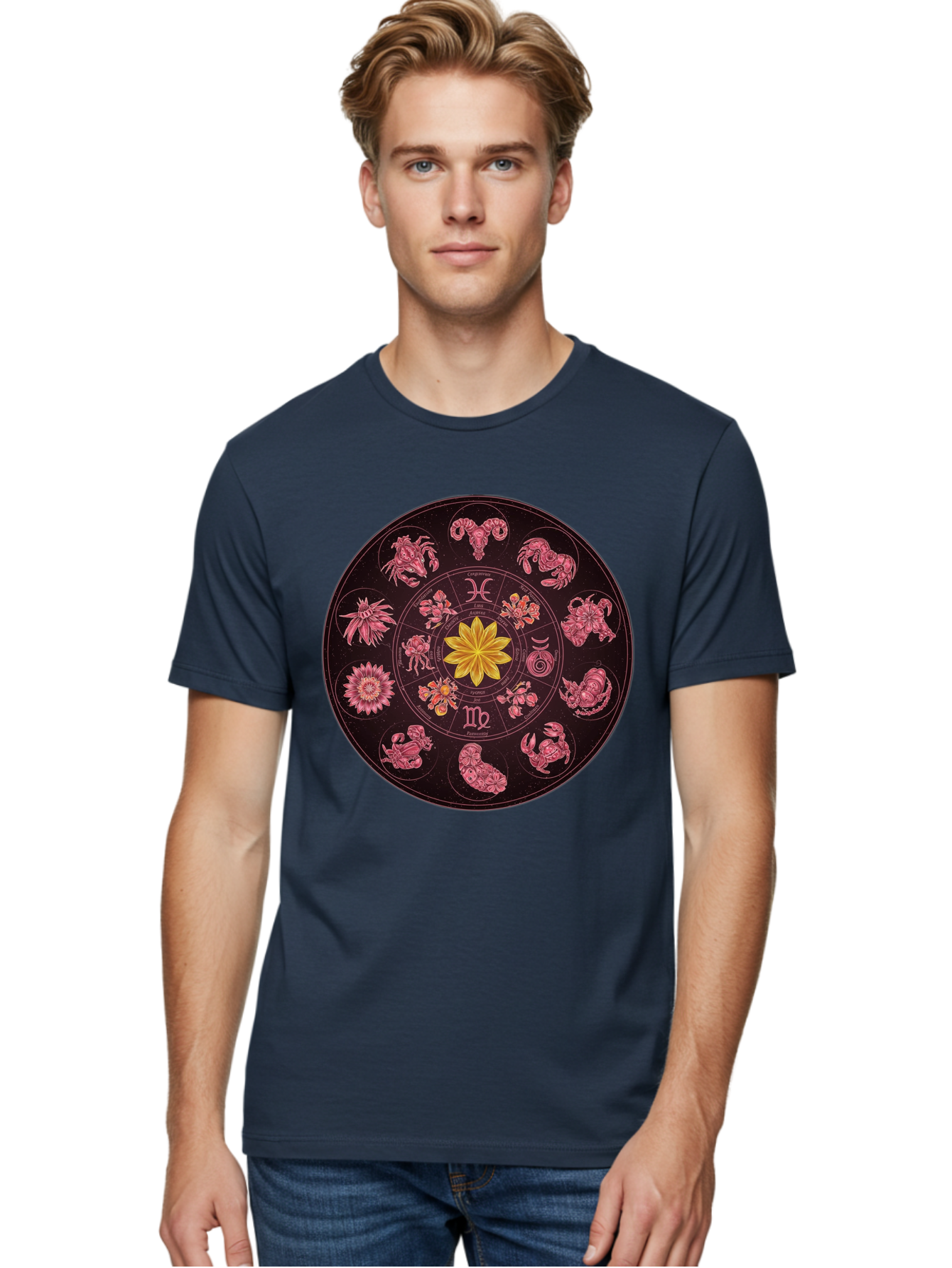 Zodiac-Circle Men'S Graphic Tee, 100% Cotton, Comfortable Casual Summer Wear, Machine Washable, Zodiac Wheel, Astrological Symbols, Floral Centerpiece, Mystical Design, Cancer, Capricorn, Virgo, Pink Illustrations, Yellow Flower, Esoteric Art, Bae337