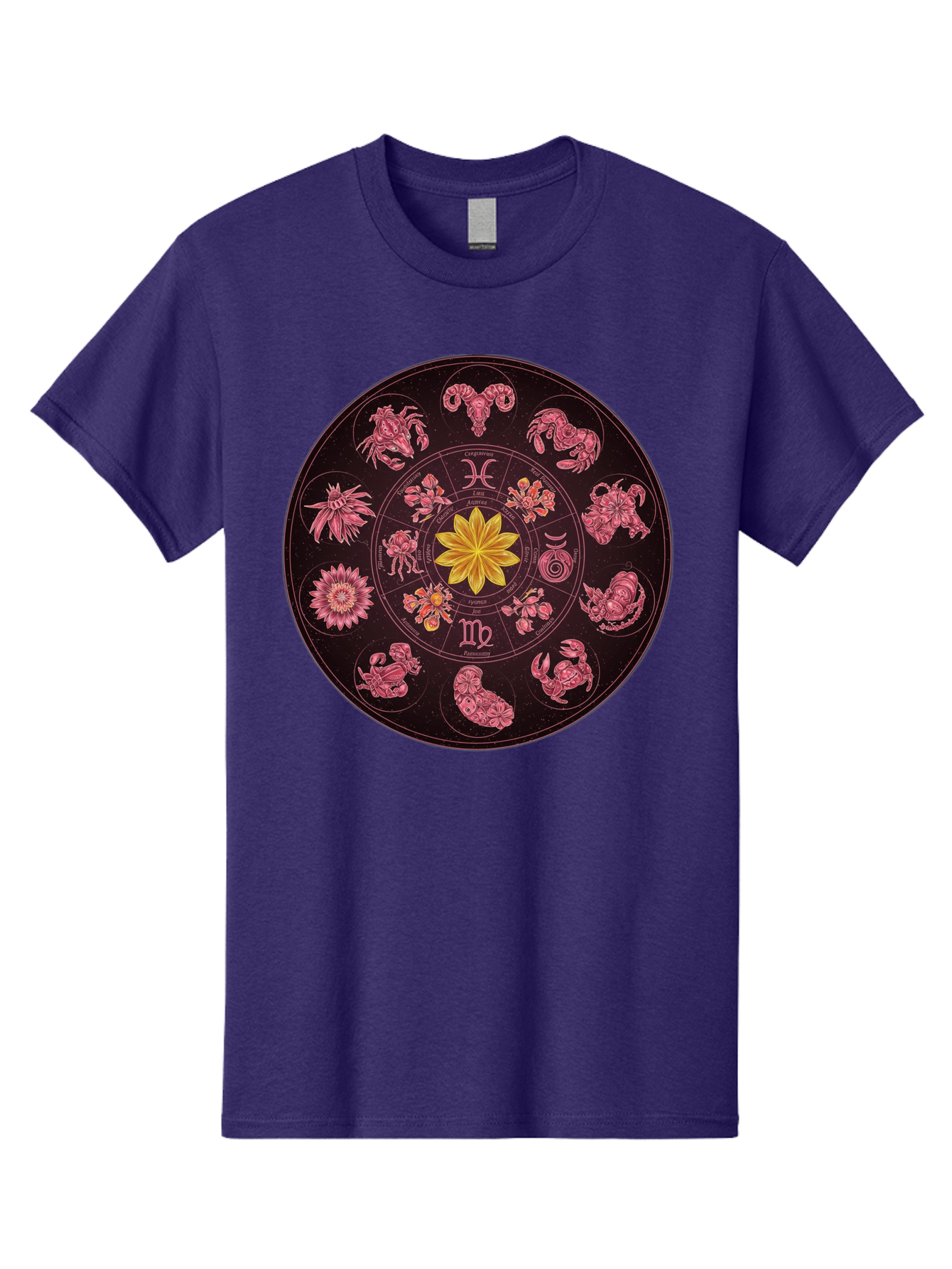 Zodiac-Circle Men'S Graphic Tee, 100% Cotton, Comfortable Casual Summer Wear, Machine Washable, Zodiac Wheel, Astrological Symbols, Floral Centerpiece, Mystical Design, Cancer, Capricorn, Virgo, Pink Illustrations, Yellow Flower, Esoteric Art, Bae337