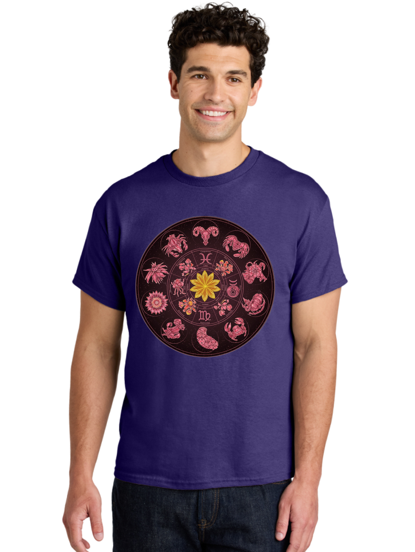Zodiac-Circle Men'S Graphic Tee, 100% Cotton, Comfortable Casual Summer Wear, Machine Washable, Zodiac Wheel, Astrological Symbols, Floral Centerpiece, Mystical Design, Cancer, Capricorn, Virgo, Pink Illustrations, Yellow Flower, Esoteric Art, Bae337