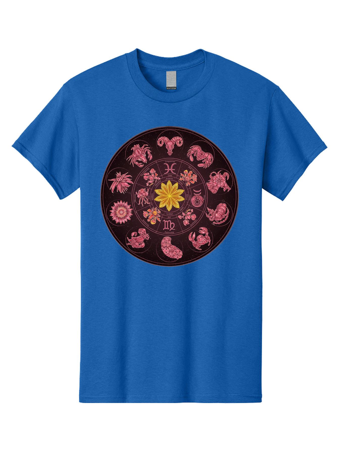 Zodiac-Circle Men'S Graphic Tee, 100% Cotton, Comfortable Casual Summer Wear, Machine Washable, Zodiac Wheel, Astrological Symbols, Floral Centerpiece, Mystical Design, Cancer, Capricorn, Virgo, Pink Illustrations, Yellow Flower, Esoteric Art, Bae337