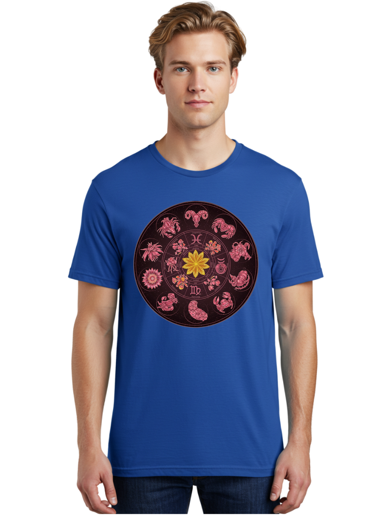 Zodiac-Circle Men'S Graphic Tee, 100% Cotton, Comfortable Casual Summer Wear, Machine Washable, Zodiac Wheel, Astrological Symbols, Floral Centerpiece, Mystical Design, Cancer, Capricorn, Virgo, Pink Illustrations, Yellow Flower, Esoteric Art, Bae337