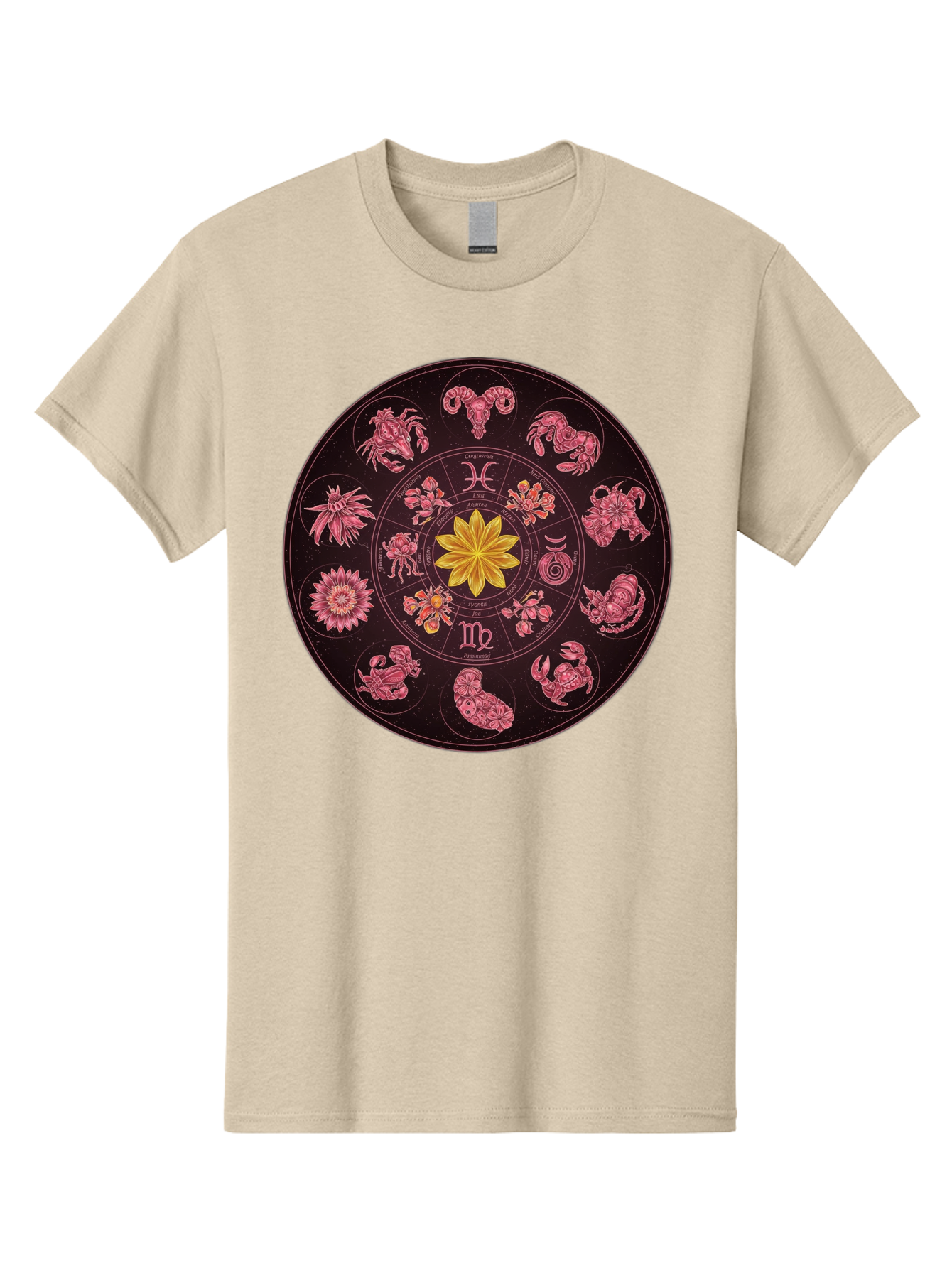 Zodiac-Circle Men'S Graphic Tee, 100% Cotton, Comfortable Casual Summer Wear, Machine Washable, Zodiac Wheel, Astrological Symbols, Floral Centerpiece, Mystical Design, Cancer, Capricorn, Virgo, Pink Illustrations, Yellow Flower, Esoteric Art, Bae337